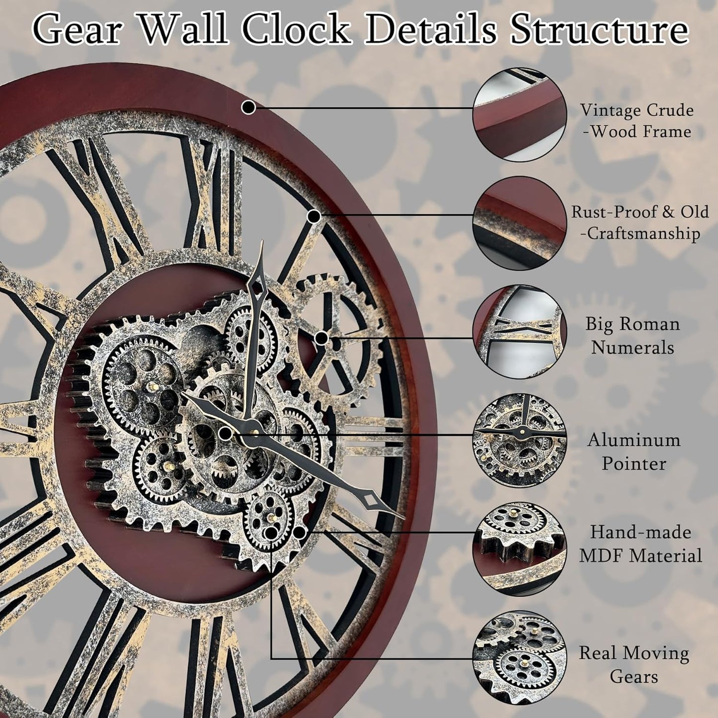 HOIBAI Large Wall Clock, Wall Clocks for Living Room Decor 30 Inch Farmhouse Vintage Rustic Kitchen Wall Decor Vintage Roman Oversized Wall Clock for Home Bedroom House, Moving Gears Clock