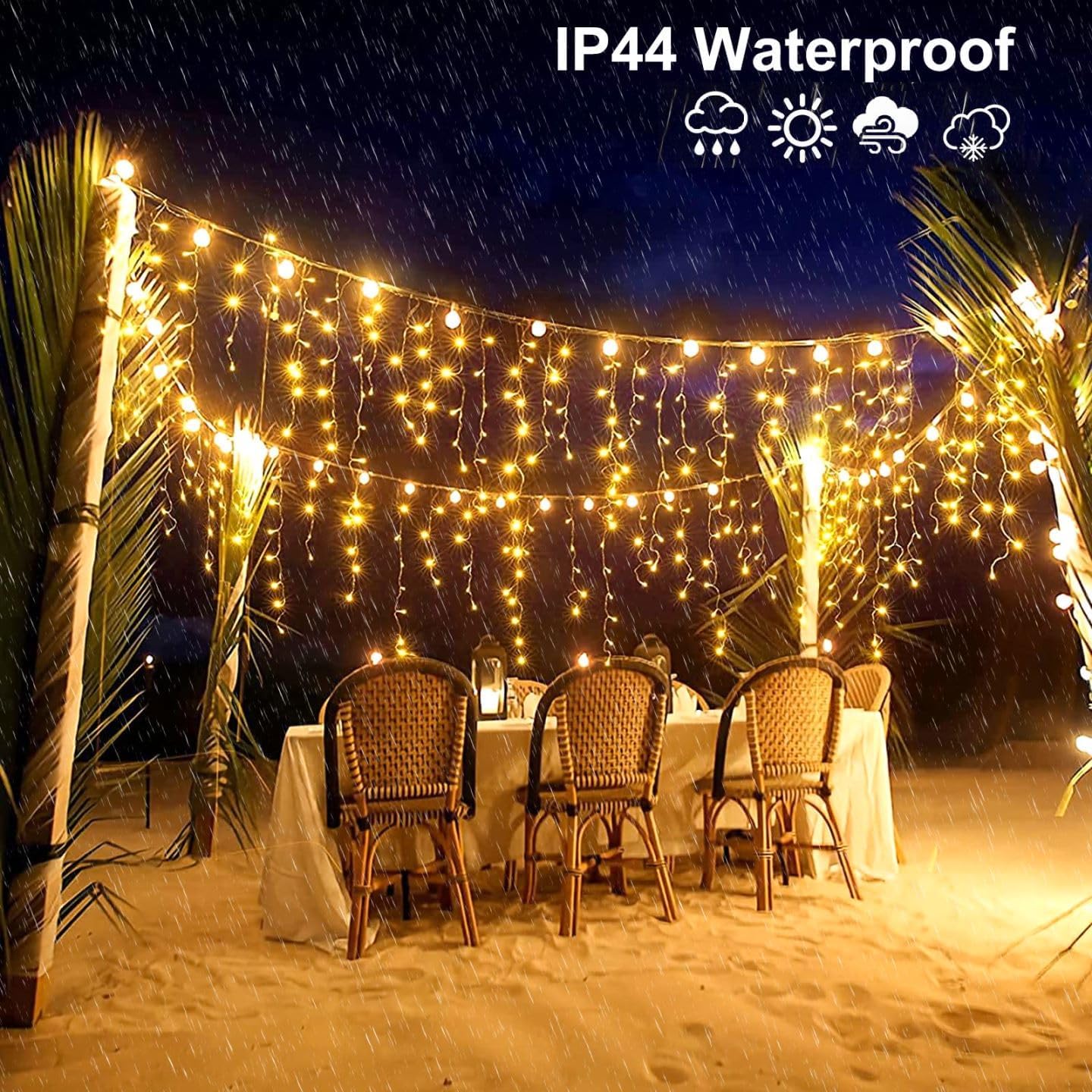 132ft Icicle Lights for Outside - 1280 LED Warm White Twinkle Lights with 240 Drops, 8 Modes Plug in Waterproof Timer Memory. Cannot be Extended. The Plug is in the Middle (66ft+66ft)