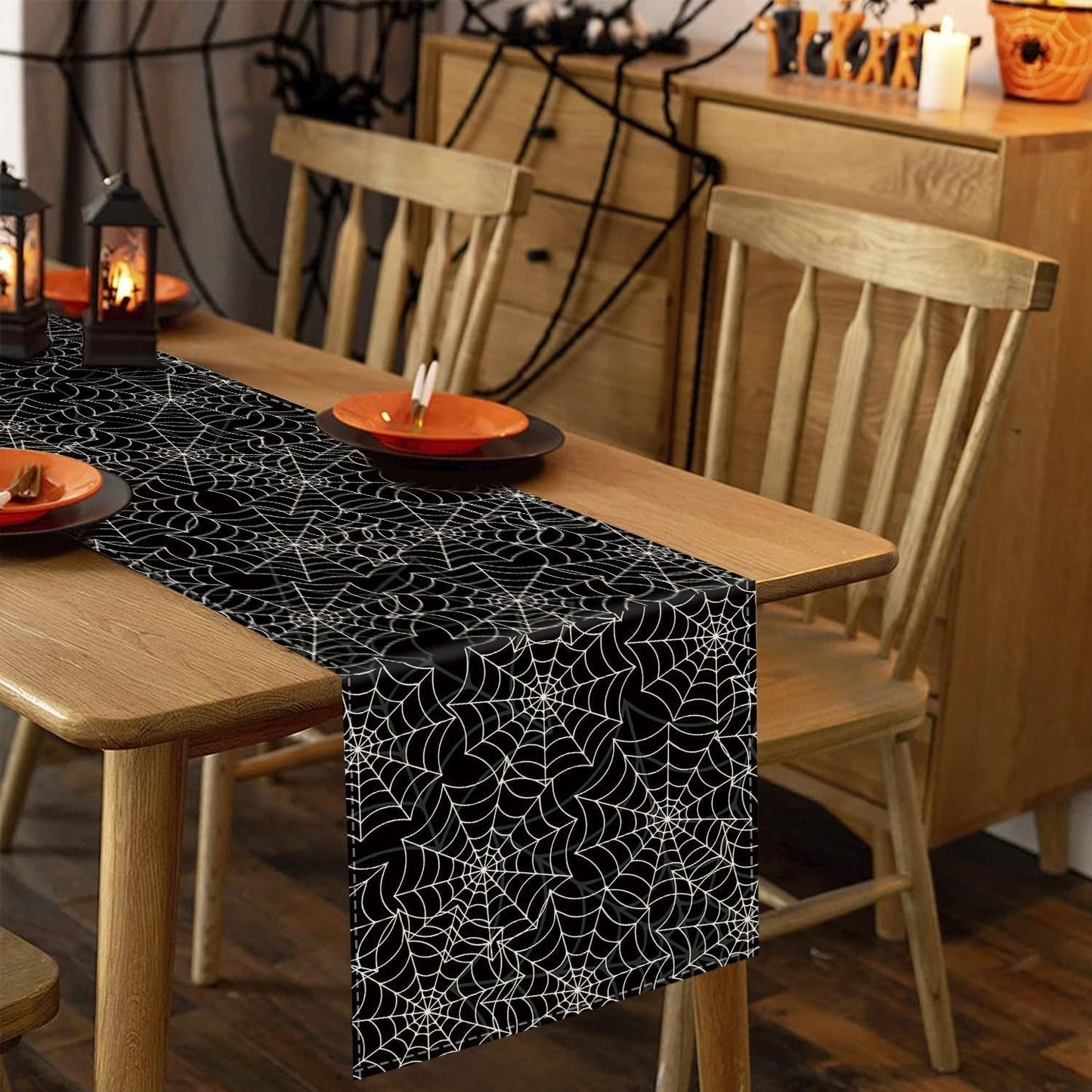 Halloween Table Runner Spider Web Black Linen Table Runners for Seasonal Holidays Indoor Outdoor Kitchen Dining Party Home Decor 13 x 60 Inch