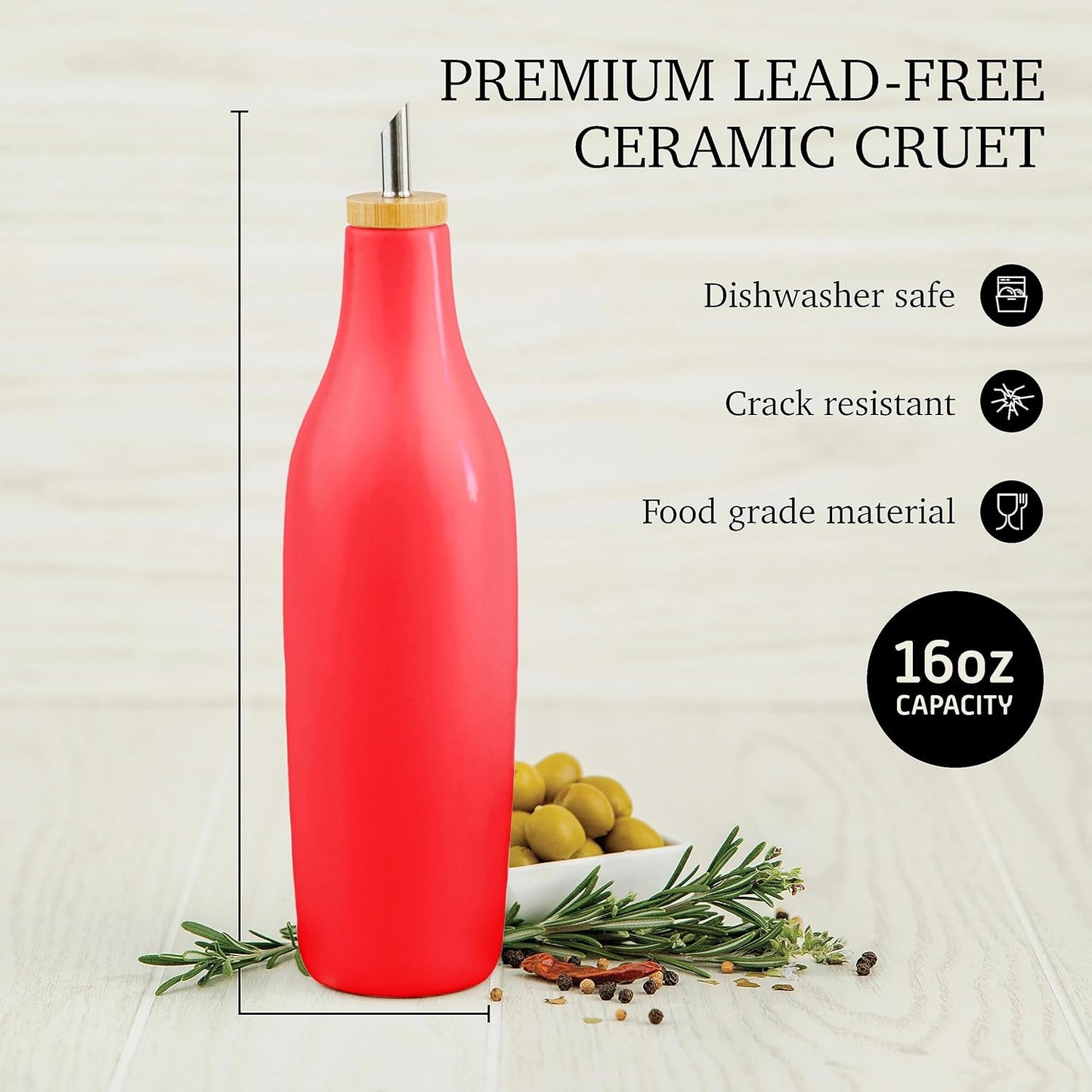 kitchentoolz Olive Oil Stoneware Dispenser Bottle, Ceramic 16 Oz Container for EVOO or Vinegar Kitchen Counter, Red