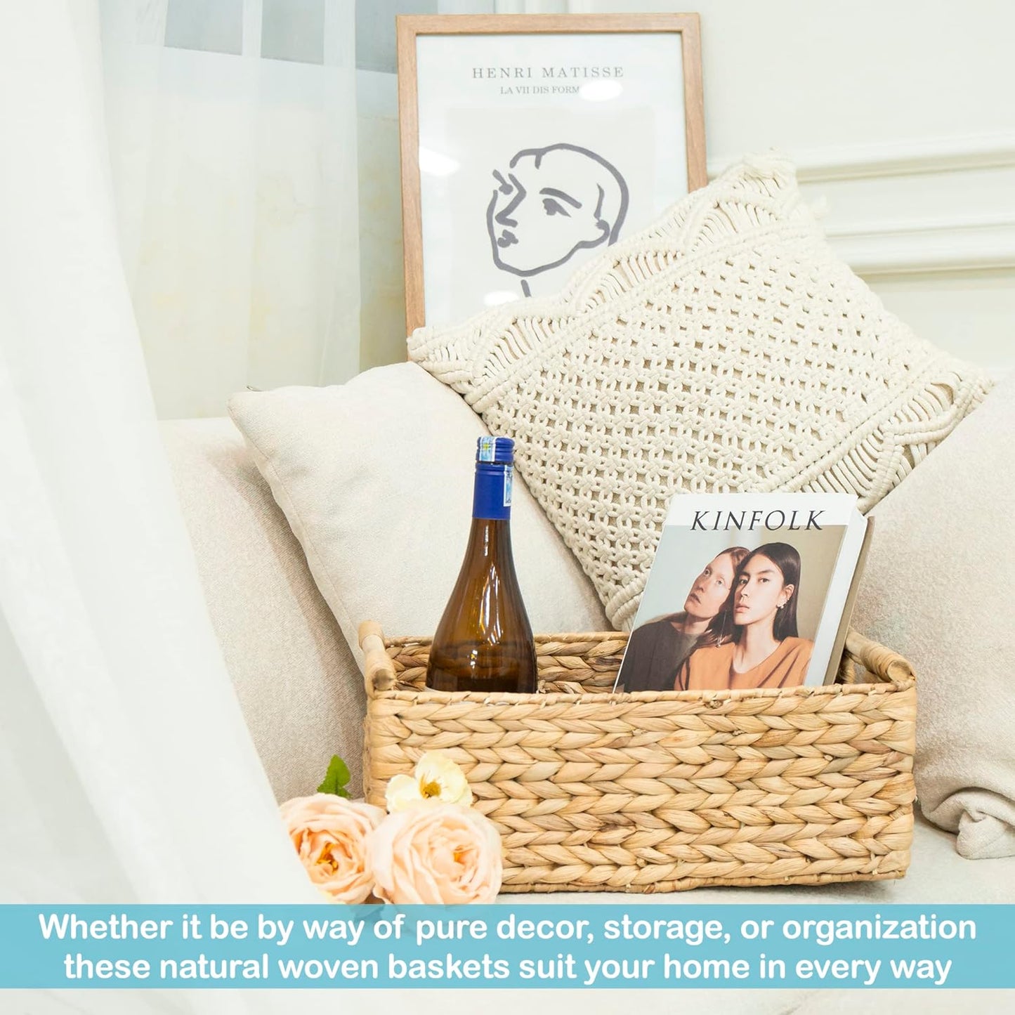 VATIMA Hyacinth Large Wicker Basket 15.5x10.8x6.2" - Rectangular, Wooden Handles, Shelf Organizer