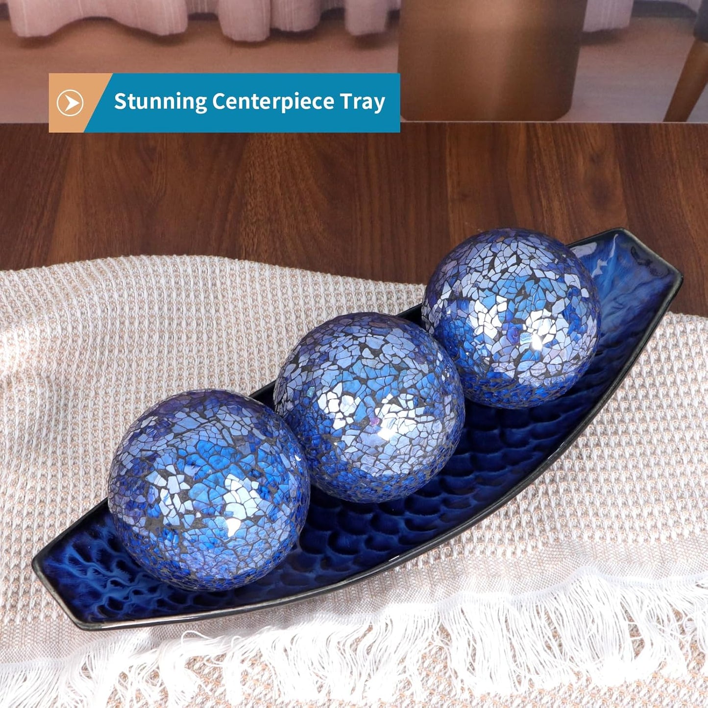 16" Large Ceramic Decorative Tray, Long Boat Shaped Centerpiece Bowl, Multipurpose Serving Platter for Home, Party Decor or Sushi, Fruits, Desserts (Blue)