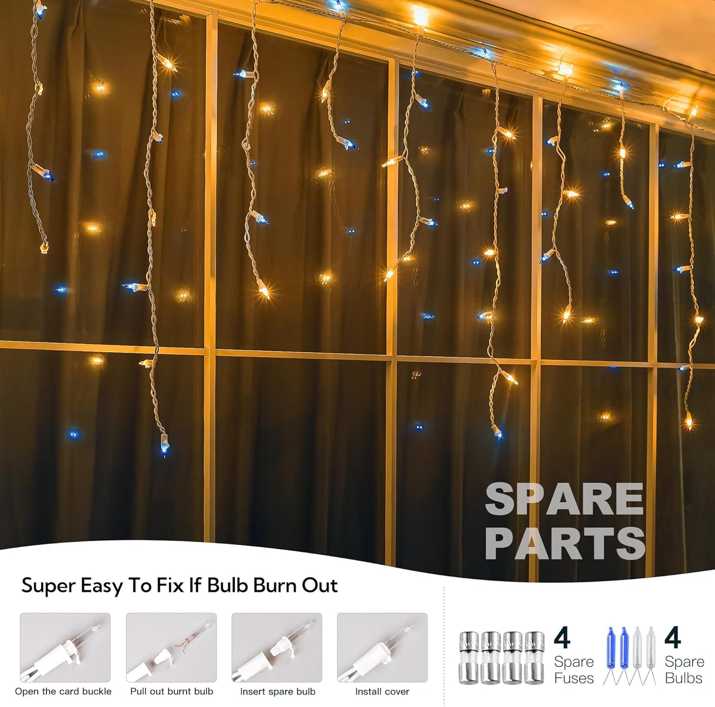 200ct Blue&Clear Mini Icicle Christmas Lights, 23FT White Wire Incandescent Bulb String Lights, Connectable Indoor Outdoor for Eaves, Window, Curtain, Party, Wedding