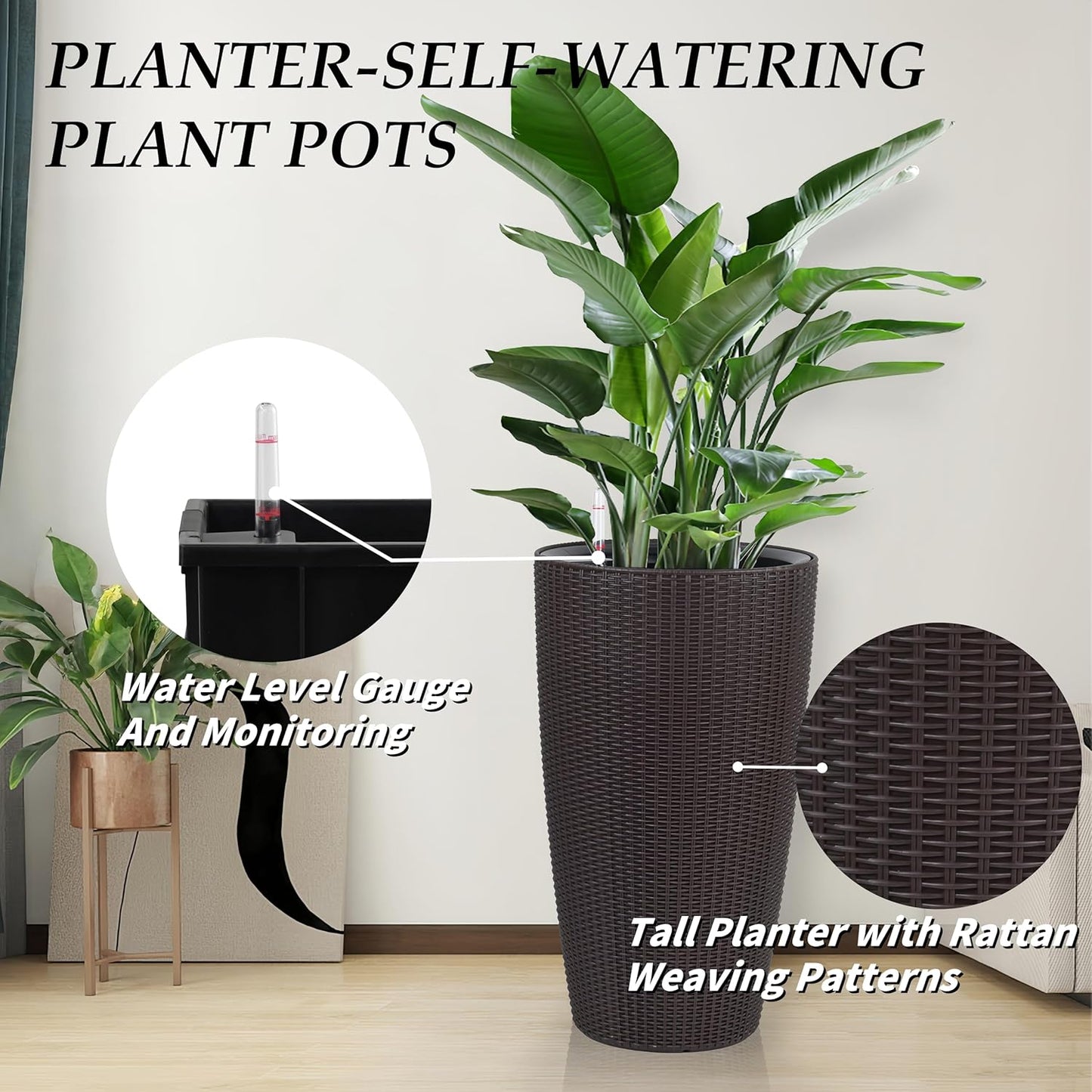 2Pack 22" High Modern Plant Pots Planter-Self-Watering Indoor/Outdoor Planting with Drain Holes, Water Level Monitor, Inner Bucket for Front Porch Patio, Brown Rattan Conical