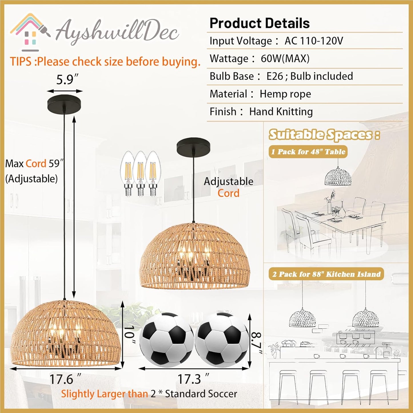 17.6 inch Hemp Rope Woven Pendant Light Wicker Pendant Light 3-light Rattan Light Fixture Boho Chandelier Farmhouse Chandelier Dome Pendants Light for Dining Room Bedroom Kitchen(Bulb Incl