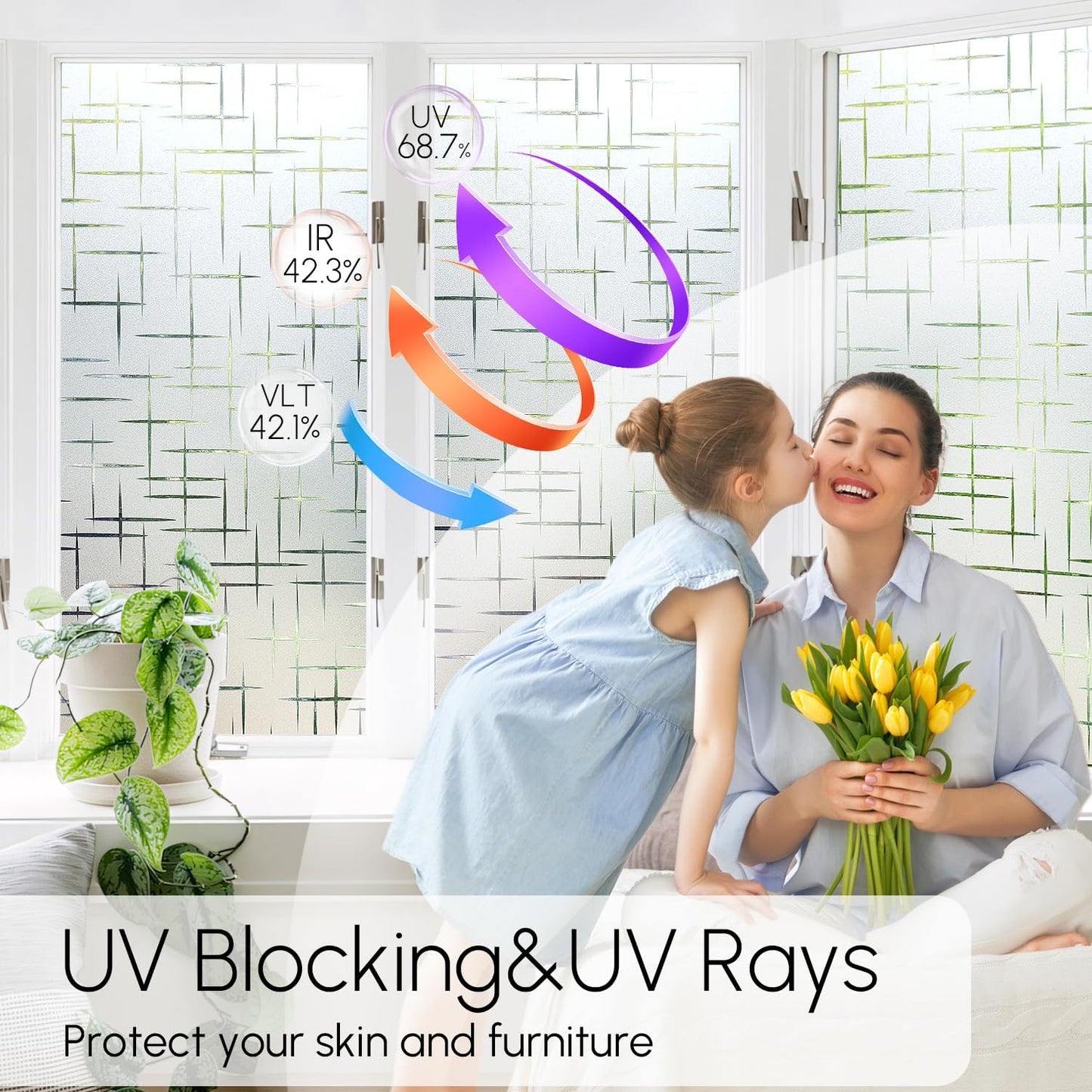 HIDBEA Window Privacy Film, Decorative Staic Cling Frosting Film, Heat Control UV Blocking Non-Adhesive Window Sticker for Home, Cross Pattern,17.5 X 78.7 Inch