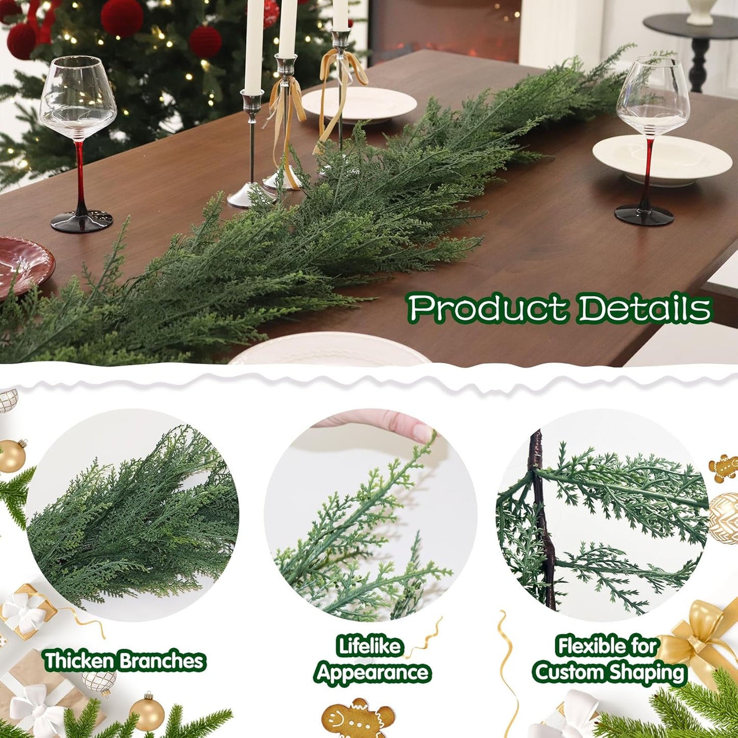2PCS 9FT Christmas Cedar Garland Full Real Touch Artificial Green Faux Cypress Realistic Pine Garland for Mantle Fireplace Table Home Decoraiton