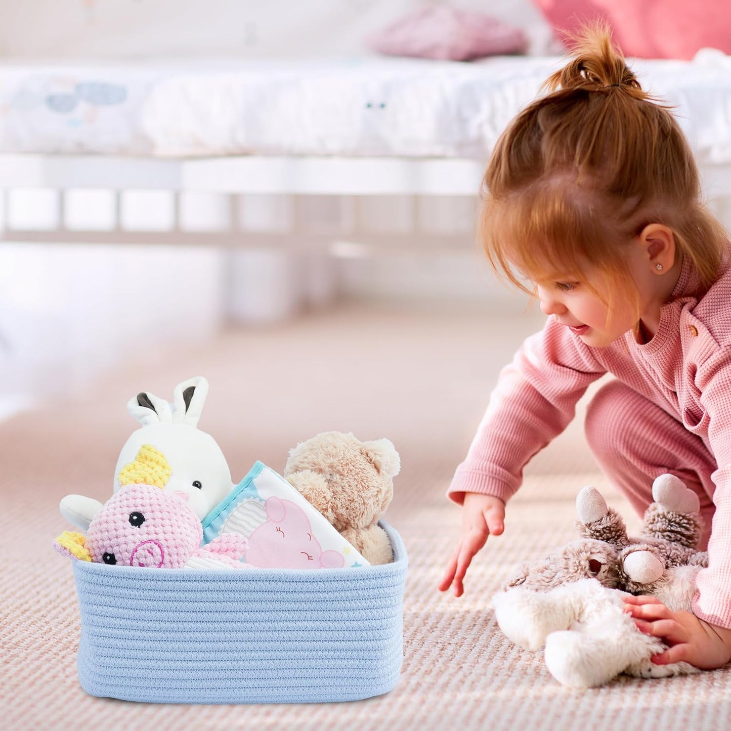 Small Woven Storage Baskets 13“X9”X5“ Decorative Rope Bins for Organizing Shelves, Closets, and Toys, Empty Gift Baskets, Cute Organizer Basket for Home and Office (blue, Large)