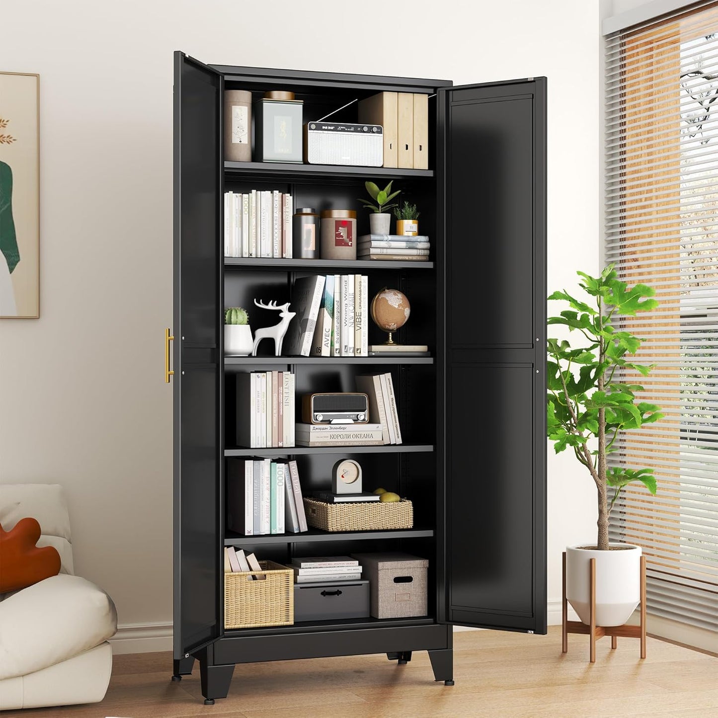 Black Metal Storage Cabinet,75" Steel Cabinets for Home Office, Kitchen Pantry Storage Cabinet with Doors and 5 Adjustable Shelves, Tool Cabinets, for Office, Home, Garage, School