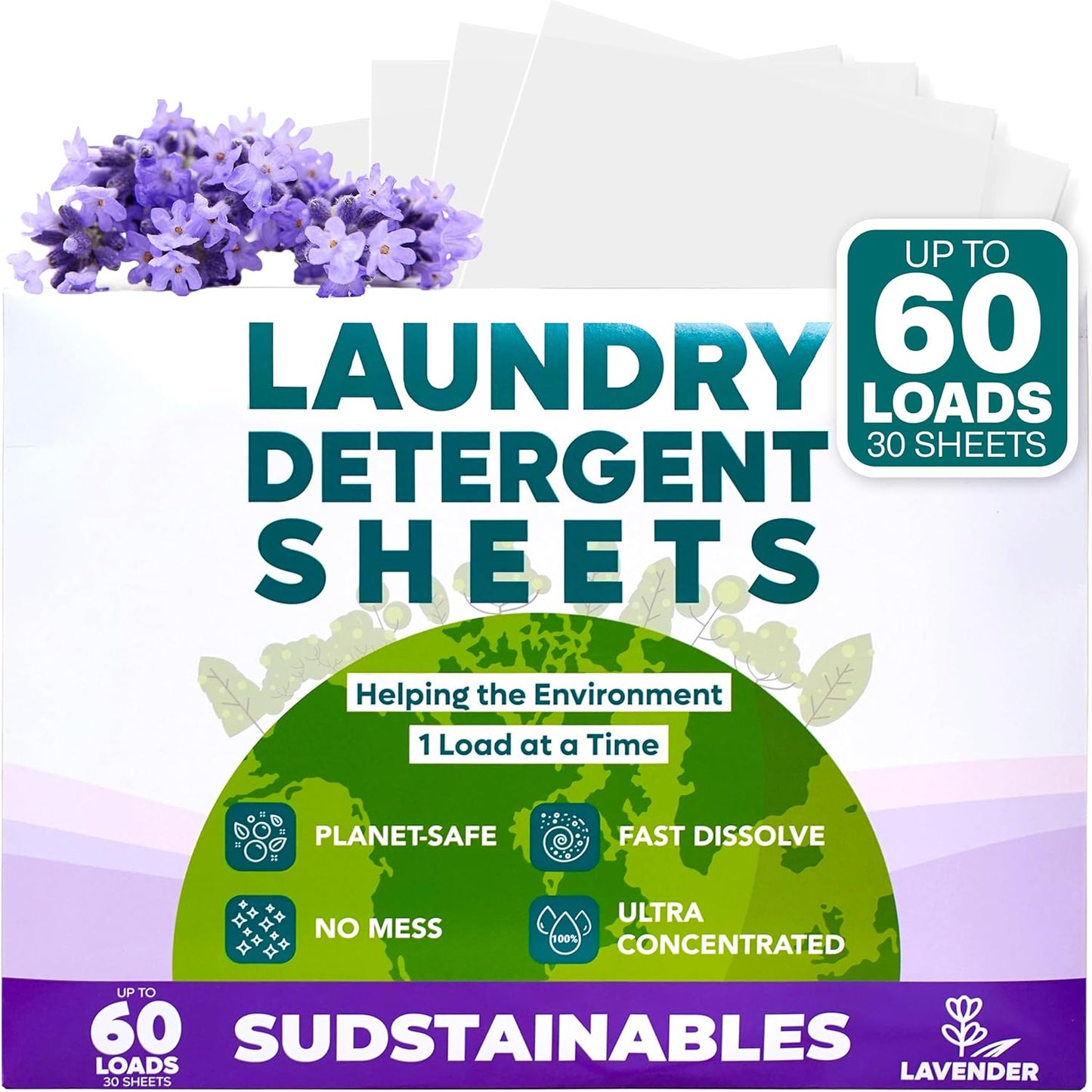 Sudstainables Laundry Detergent Sheets (60 Loads) – Eco-Friendly, Zero Waste, Plastic-Free Laundry Washing Machines Soap Sheets; Dissolvable, Space-Saving Strips for Travel (Lavender)