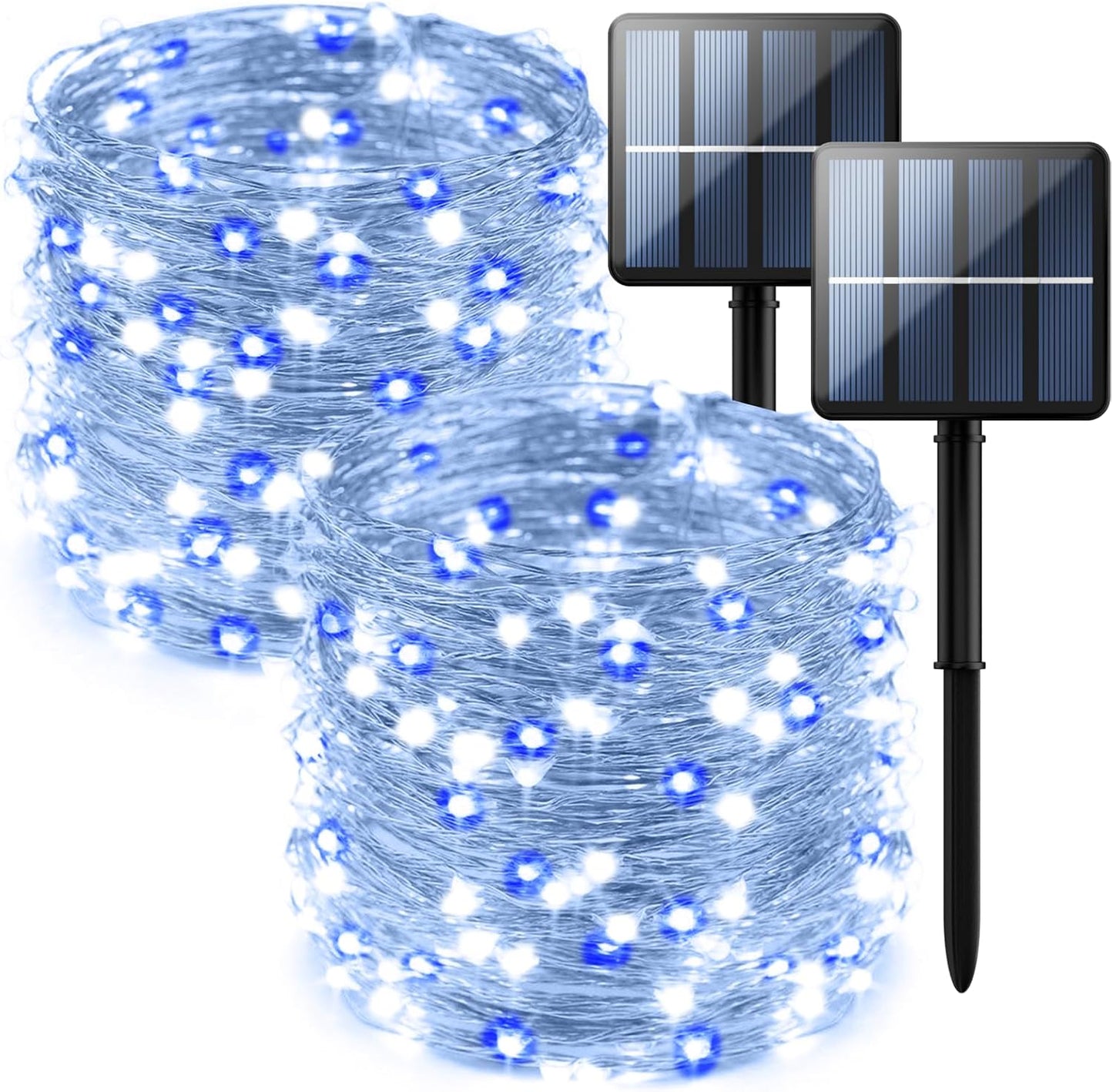 2-Pack 200 LED Solar Fairy Lights Outdoor, Upgraded Oversize Lamp Beads & Super Bright Solar String Lights Outoor, 8 Modes Solar Lights for Garden Patio Decorations（Blue&White）