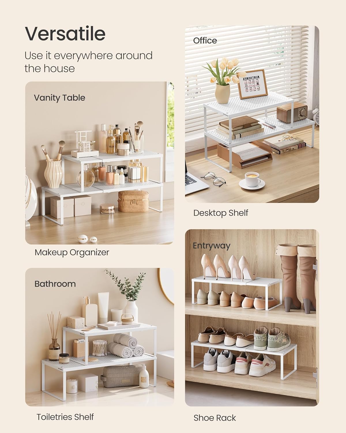 SONGMICS Spice Racks, Set of 2 Expandable Kitchen Countertop Shelves, Small Cupboard Organizers, Metal, Space-Saving Tabletop Shelves, Matte White UKCS402W01