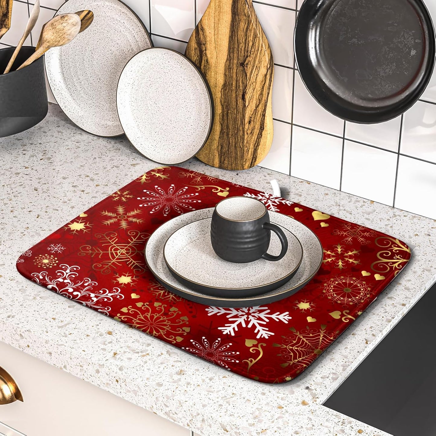 Red Snowflake Dish Drying Mat for Kitchen Counter Holiday Super Absorbent Reversible Microfiber Kitchen Countertop Protector Dishes Pad Small 16x18 inch
