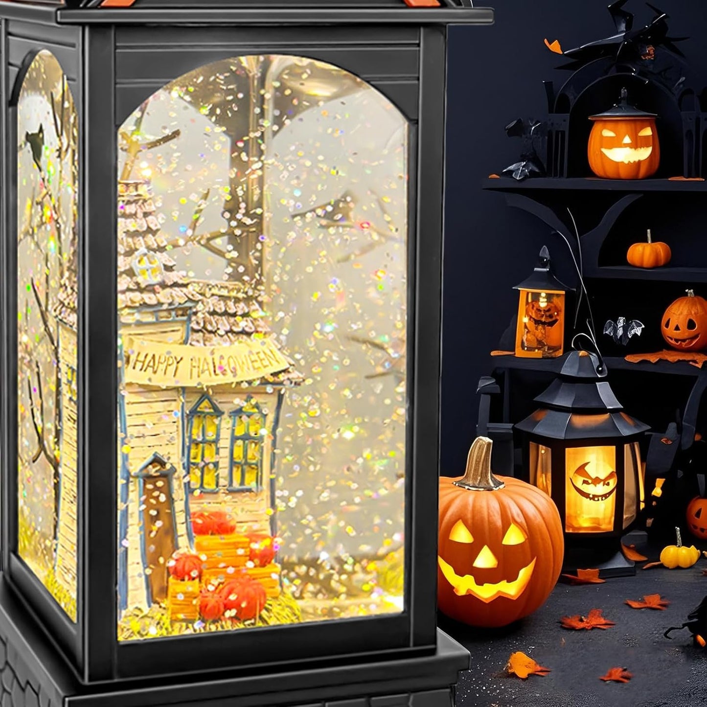 Halloween Snow Globe Lantern, Spooky Ghost Halloween Decor, Plug-in & Battery Operated Snow Globes for Halloween Decorations Indoor