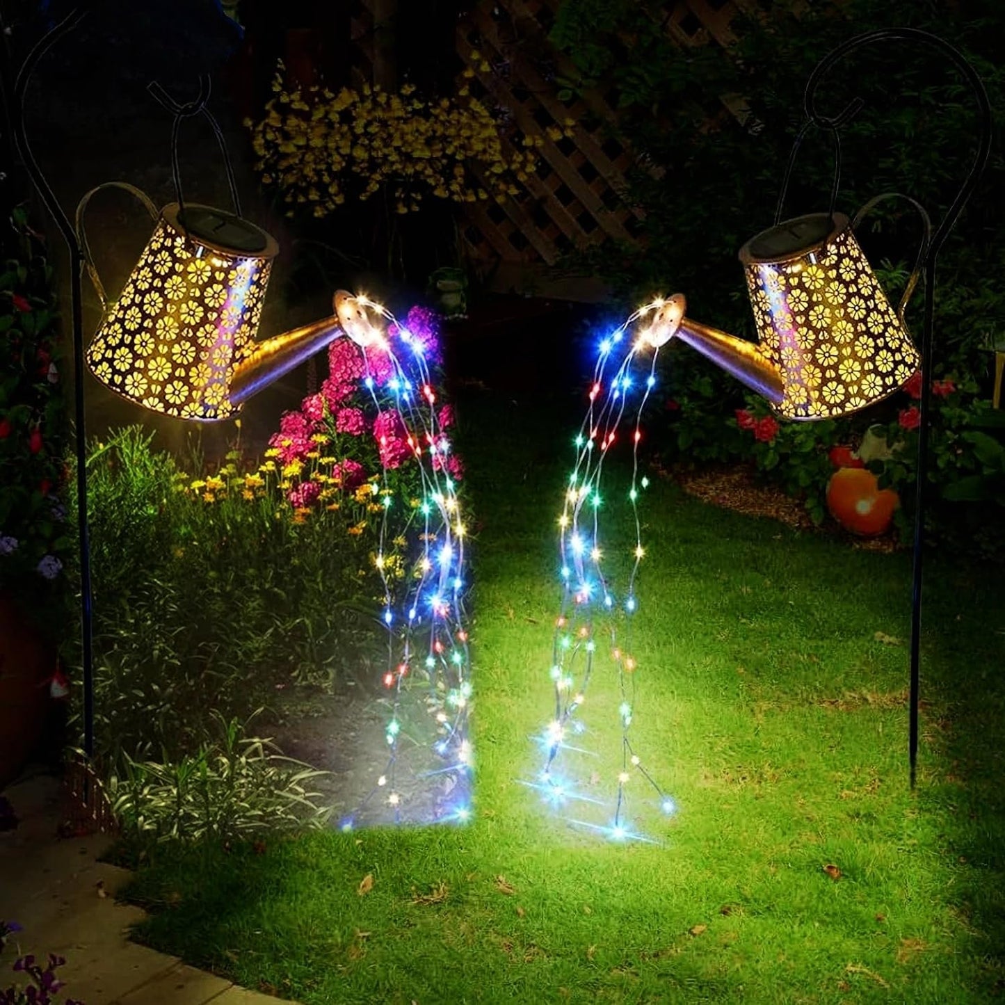 2 Pack Solar Watering Can Lights with Shepherd Hook, 8 Multi-Color Changing Modes, IP65 Waterproof, 60pcs String Lights for Outdoor Garden Pathway Lawn Patio Deck Walkway Courtyard