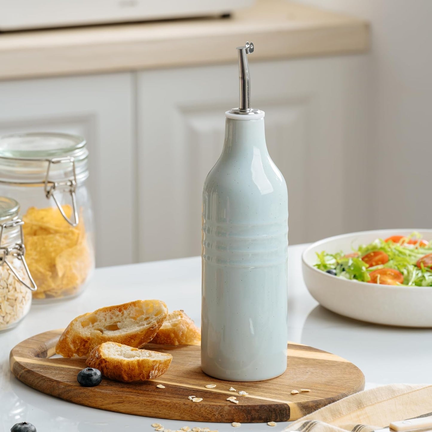 famiware Jupiter 16oz Ceramic Olive Oil Dispenser Bottle, 1 Piece Oil Dispenser for Kitchen with Stainless Steel Pourers, Suitable for Storage Vinegar, Soy Sauce, Coffee Syrup, Light Blue
