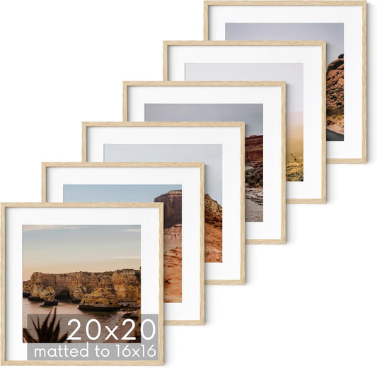 HAUS AND HUES Solid Oak Wood 20”x20” Picture Frames Matted to 16”x16” Set of 6-20x20 Wooden Gallery Frames for Art, Picture Frames 20x20, Photo Gallery Wall Frame Set, Bulk Frames (Beige Oak Frames)