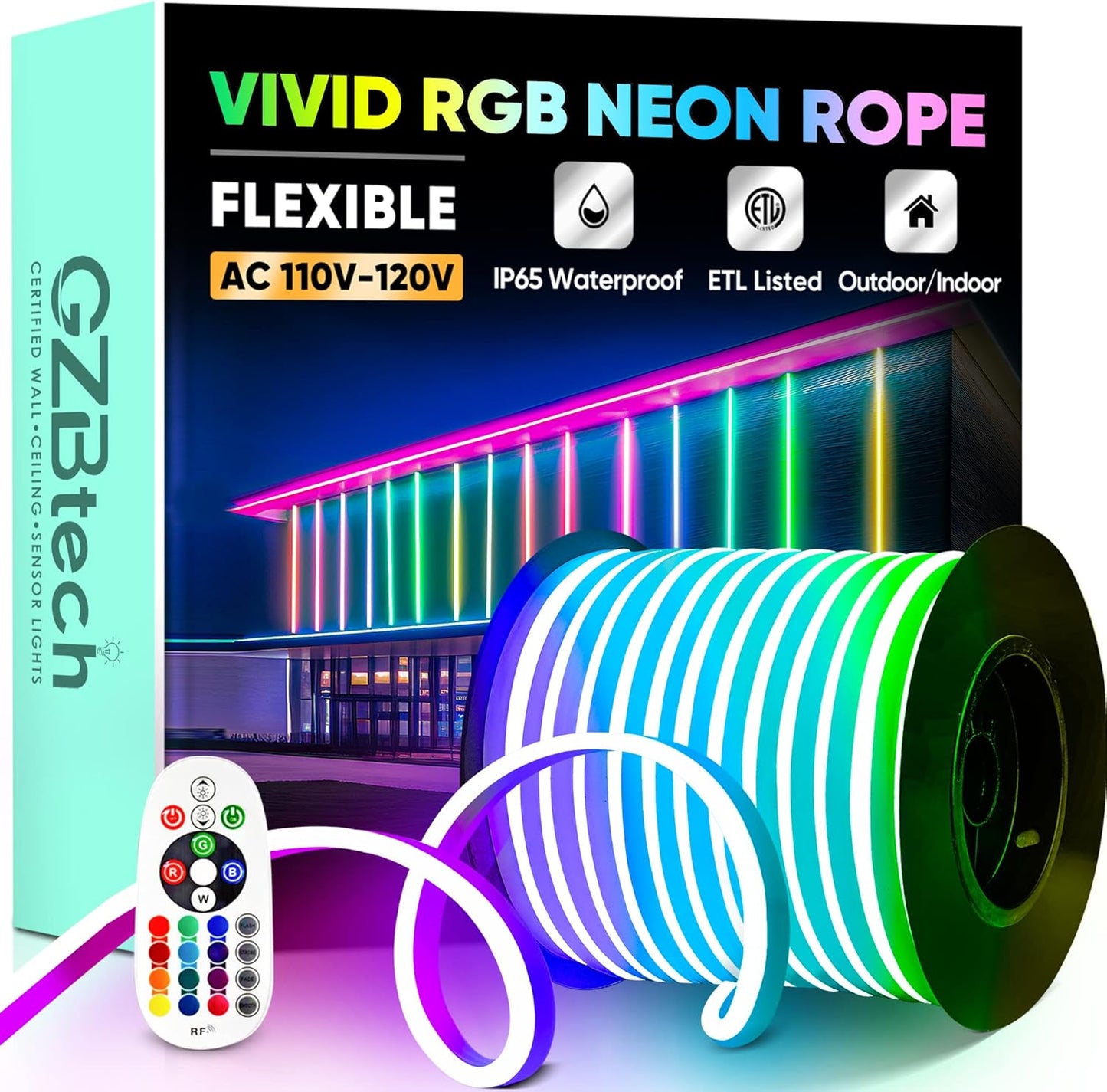 GZBtech RGB LED Neon Rope Lights 133FT/40M, AC 110-120V Waterproof Color Changing LED Rope with Remote Controller, Dimmable Multi Color Neon Rope Lighting for Indoor Outdoor Commercial Use