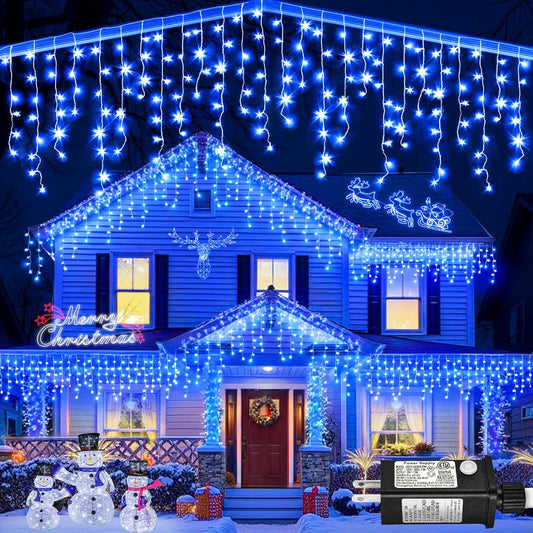 132ft Icicle Lights for Outside, 1280 LED Blue Christmas Lights Outdoor with 240 Twinkle Drops, 8 Modes Plug in Waterproof Timer Memory for Tree Wedding Party House Patio Eave Yard Holiday Decoration