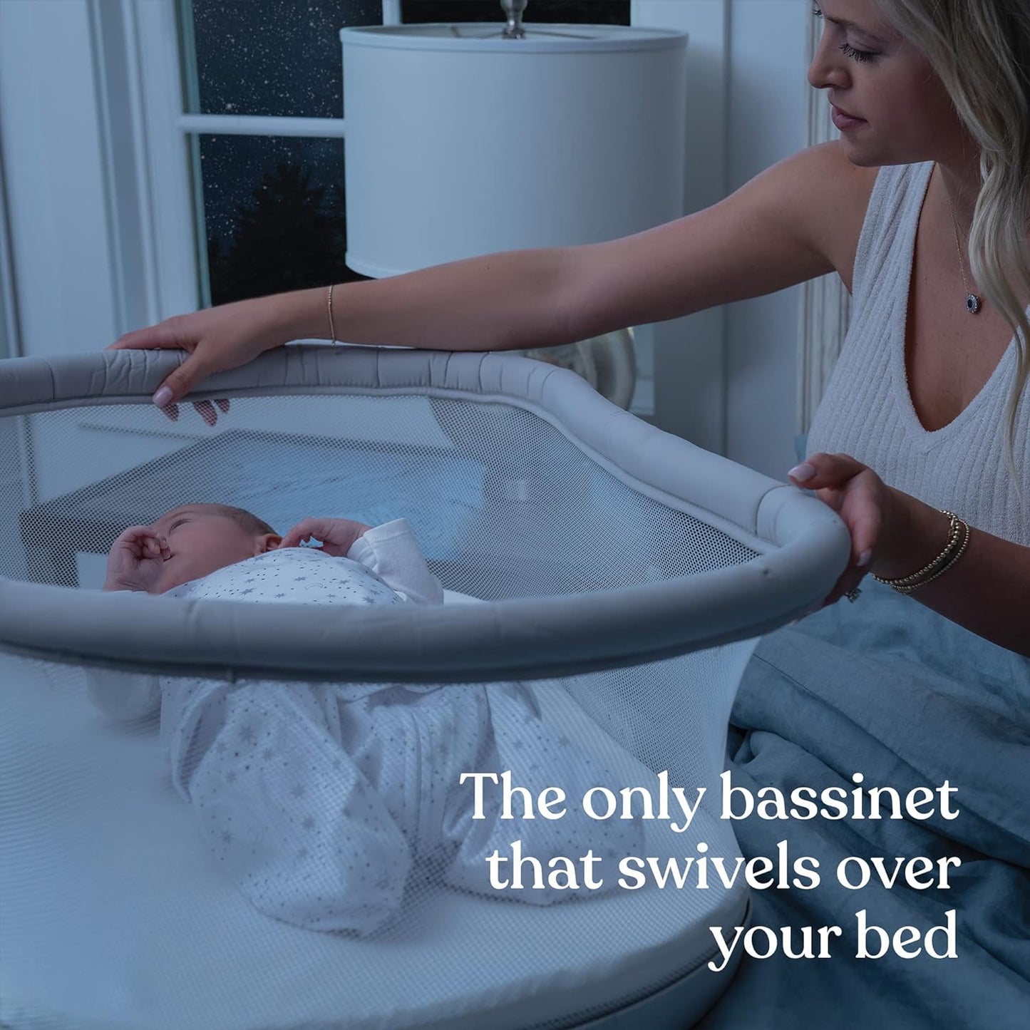 HALO BassiNest Soothing Swivel Sleeper 3.0S – Over-Bed Baby Bassinet with 360 Rotation, Adjustable Height, Breathable Mesh, Calm Sounds & Vibrations, Safe Close Sleeping, Lowering Wall for Easy Access