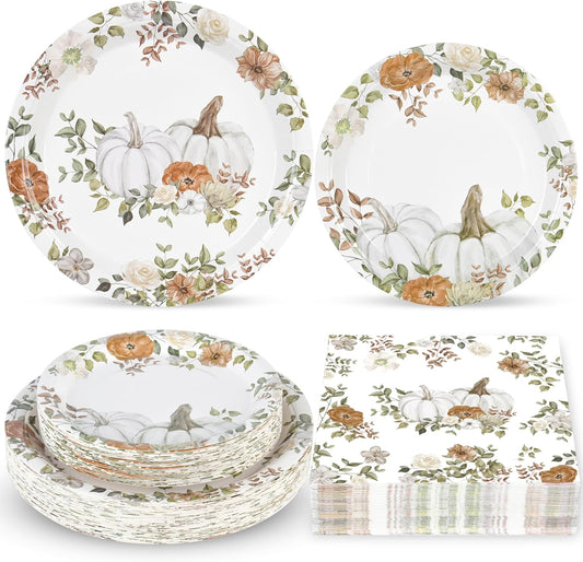 150Pcs Fall Paper Plates and Napkins Party Supplies Autumn Thanksgiving Disposable Plates Napkin White Pumpkin Plates Tableware Set for Fall Decor Thanksgiving Party Supplies,Serve 50 Guests