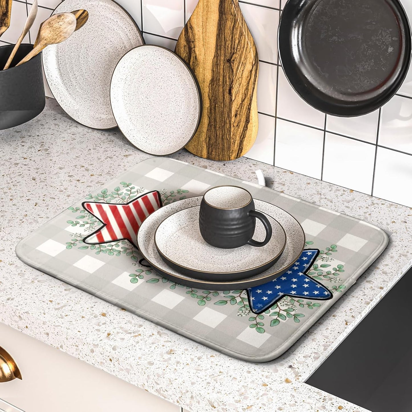 Patriotic Dish Drying Mat for Kitchen Counter Cute Stars 4th of July Holiday Absorbent Reversible Microfiber Kitchen Countertop Protector Dishes Pad Small 16x18 inch