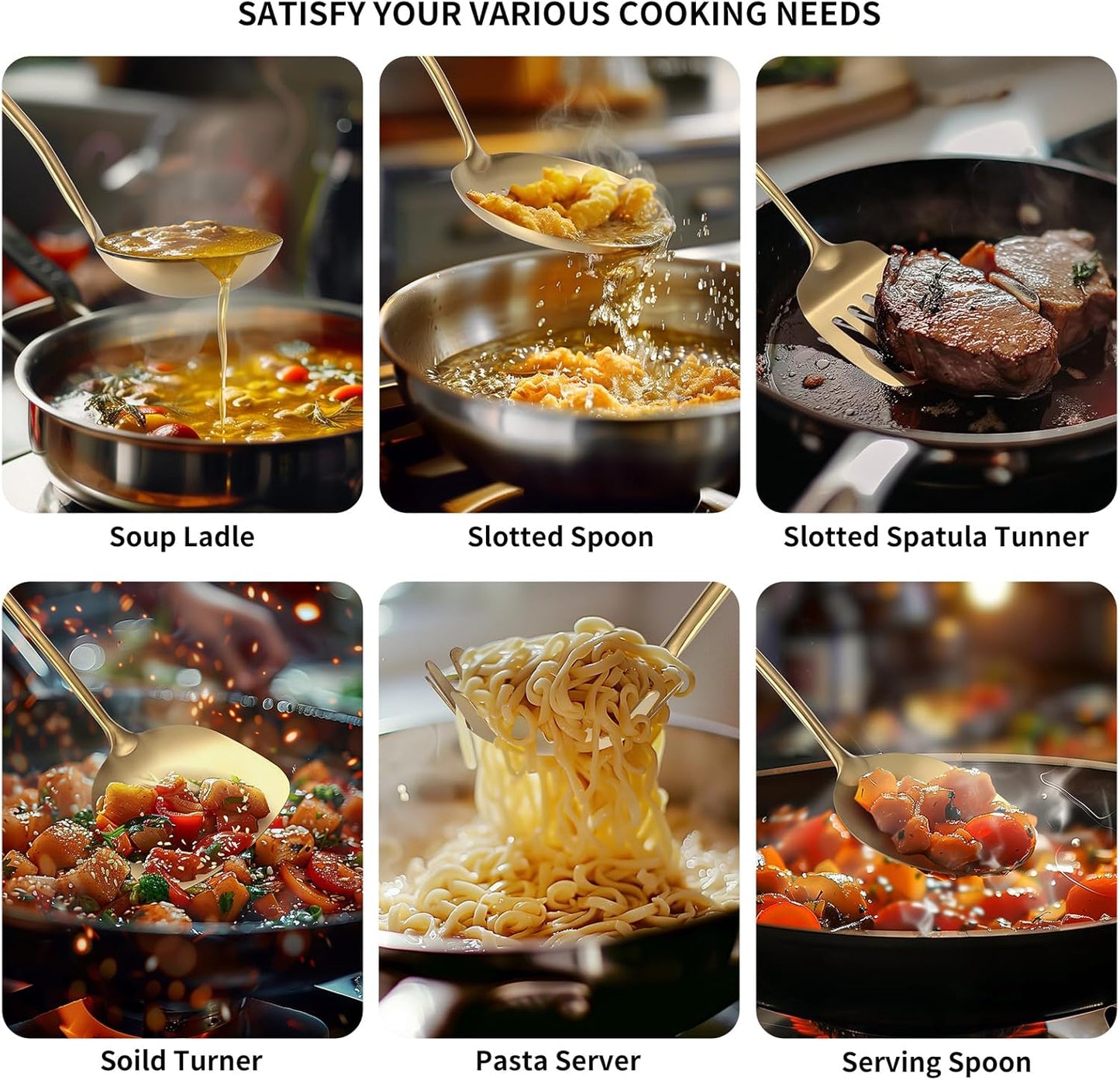 304 Stainless Steel Cooking Utensil,Kitchen Kitchen Utensil with Spatula, Solid Spoon, Ladle, Skimmer, Spaghetti Spoon, 6 Piece Set, Dishwasher Safe(Gold)