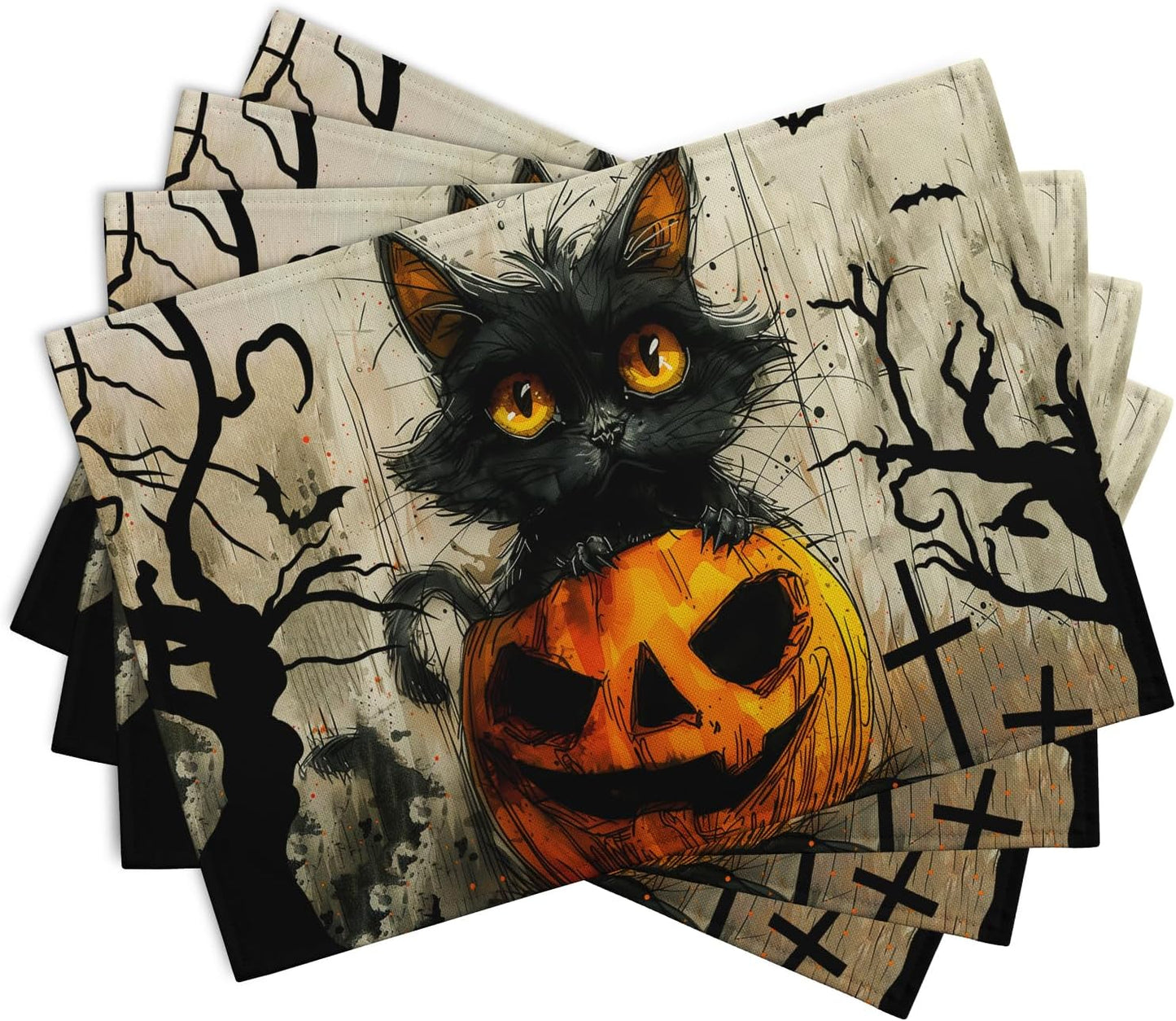 Halloween Black Cat Pumpkin 12x18 Placemats Set of 4 Happy Halloween Bat Branch Linen Table Place Mat Seasonal Fall Washable Heat Resistant Non Slip Table Placemats for Party Kitchen Dining Decor