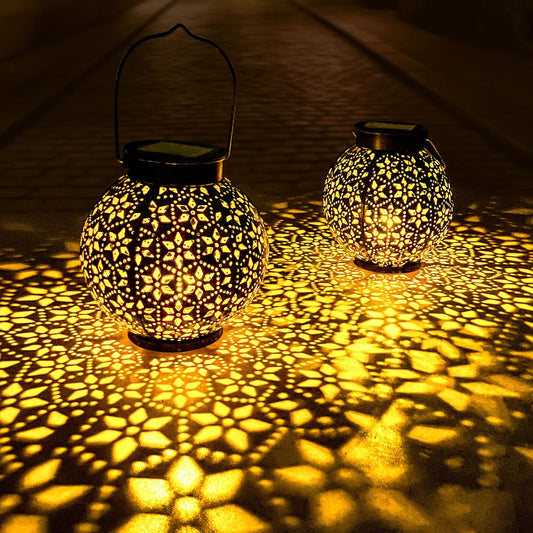 2 Pack Outdoor Solar Lantern Lights, Waterproof Tabletop LED Moroccan Lanterns, Hanging Metal Decorative Garden Lights for Patio, Lawn, Porch, Backyard