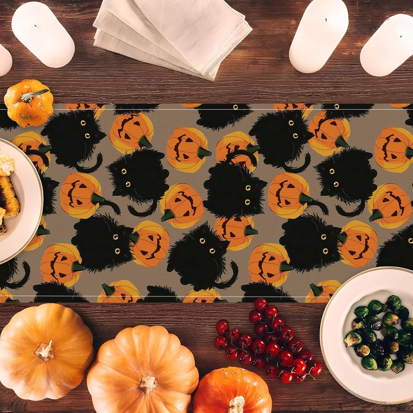 Halloween Table Runner Black Cat Pumpkins Seasonal Kitchen Dining Table Home Outdoor Party Decorations 13x48 Inch