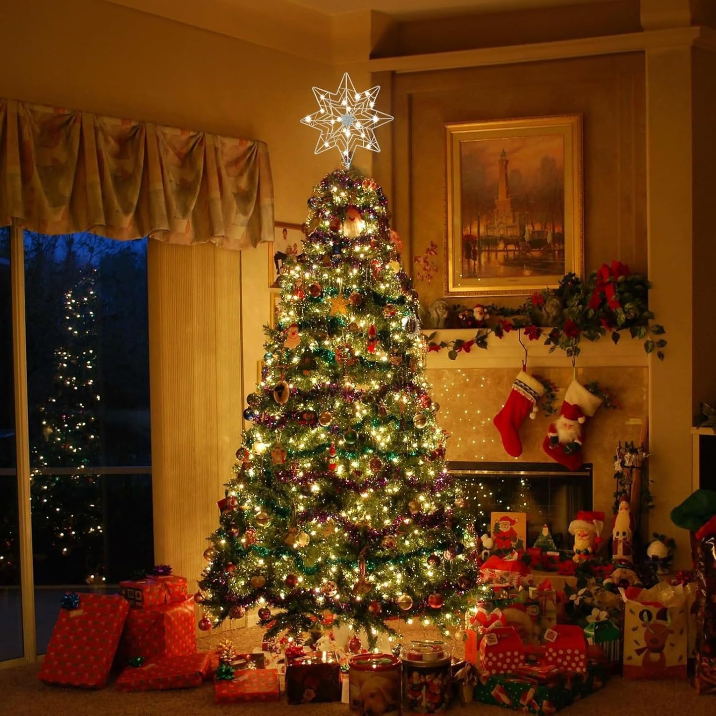 hogardeck Christmas Tree Topper, Glittered Silver 8-Pointed Star Tree Topper for Christmas Treetop, 20 LED Timer Sparkling Tree Toppers for Christmas Tree Decorations