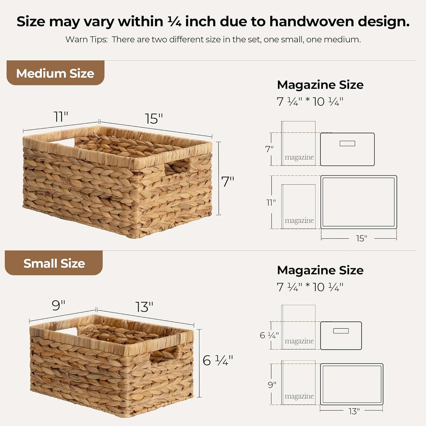 StorageWorks Wicker Storage Baskets, Large and Small Baskets, Handwoven Water Hyacinth Basket for Organizing, Decorative Organizers with Built-in Handles, Set of 2