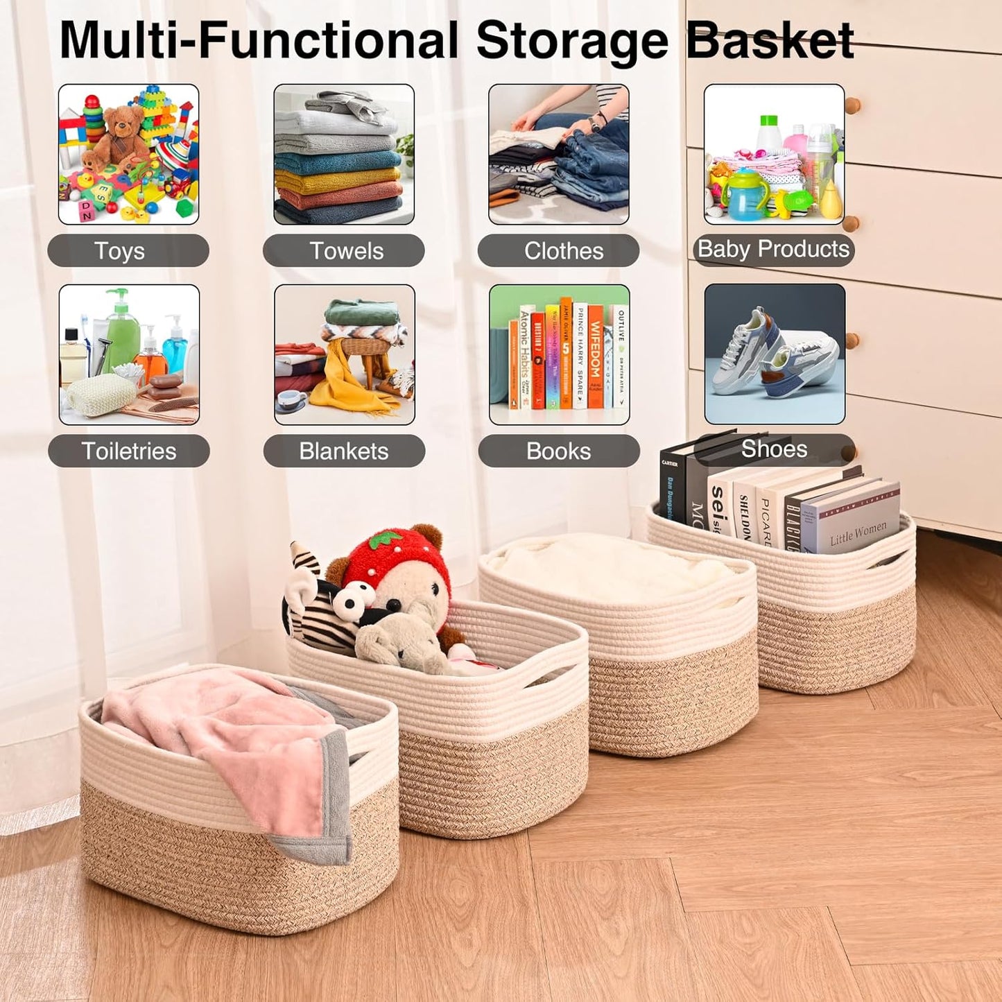 Storage Baskets for Shelves, Woven Storage Basket, Bins for Cube Storage, Cotton Rope Basket with Handles for Toy, Book, and Clothes Living Room, (4 Packs) Off White & Brown