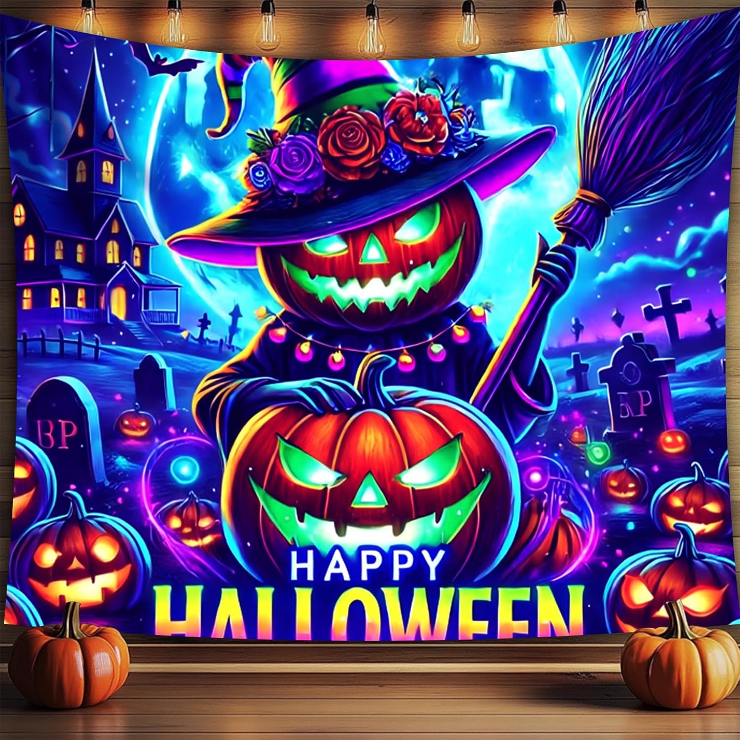 Halloween Tapestry, Blacklight Tapestry for Halloween Party Decor Hanging Tapestries Backdrop Wall Art Poster for Bedroom Dorm 90x70in