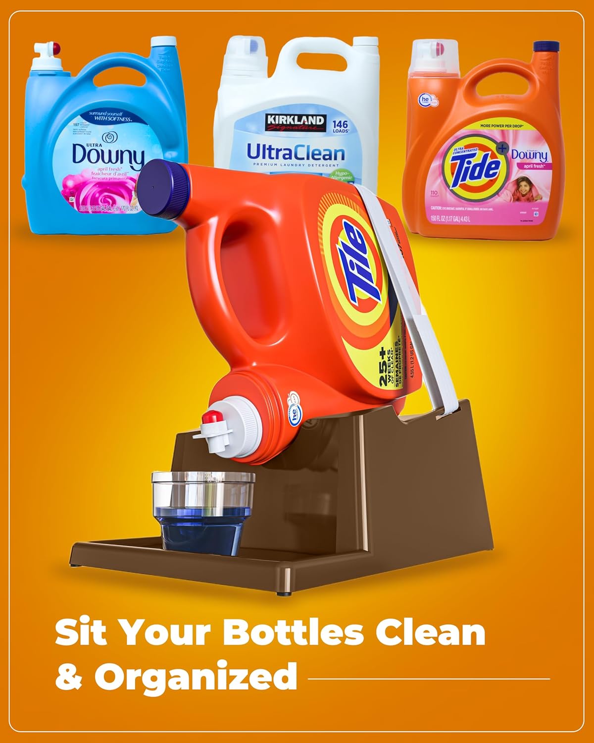 TidyFriend Laundry Detergent Holder Stand with Drip Tray, Laundry Soap Holder with Non-Slip Rubber Feet for Washing Space Organization, Angled Downward Slope for Easy Pouring (Brown)