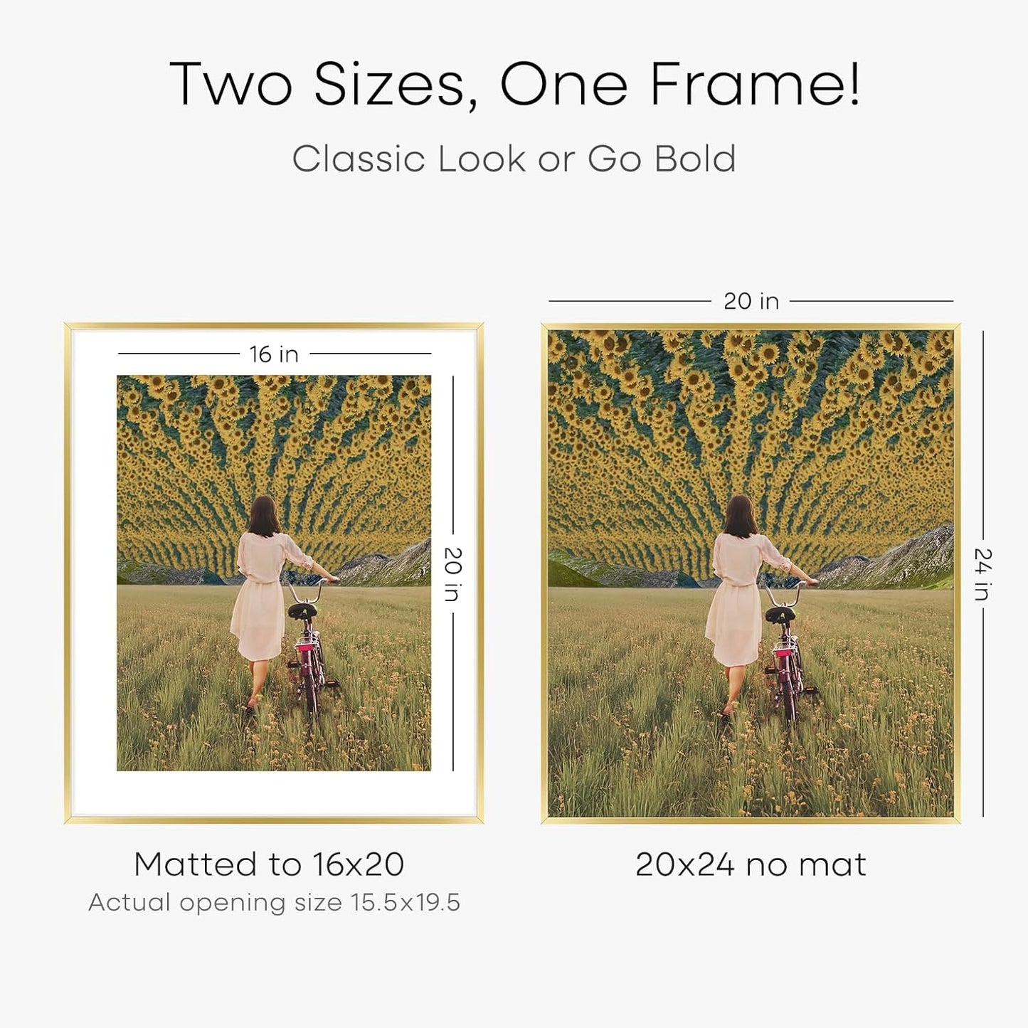 Homeforia 20x24 Picture Frame Gold, High End Metal 24x20 Frames for Wall, 20x24 Gold Frame Matted to 16x20 Print, 20 x 24 Poster Large Frame with Mat 16 by 20 Photo, Tempered Glass, Wall Kit, Set of 1