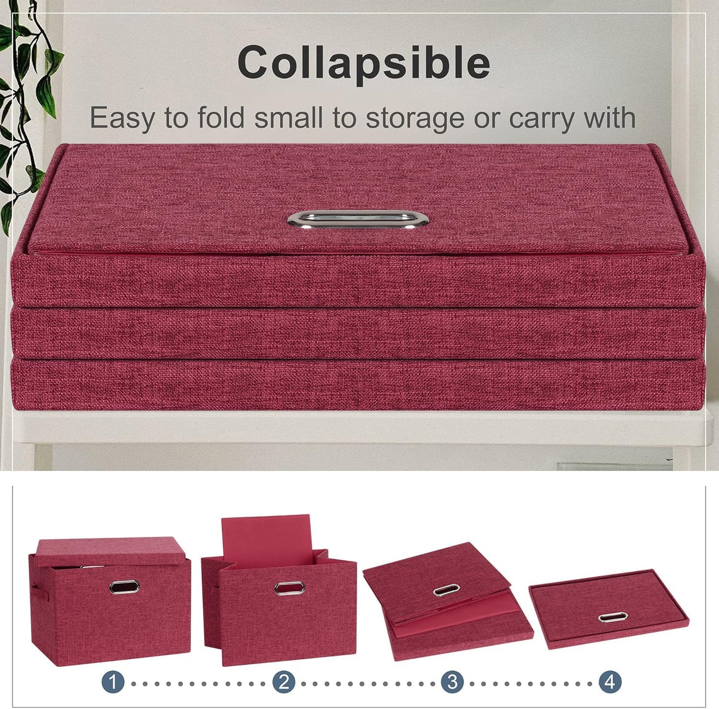 Large 17" 36 Quart Collapsible Stackable Storage Bins with Lids, 3 Packs Bright Red Linen Fabric Closet Boxes with Lids, Storage Cube Baskets Container Organizers for Office (17x12x11)