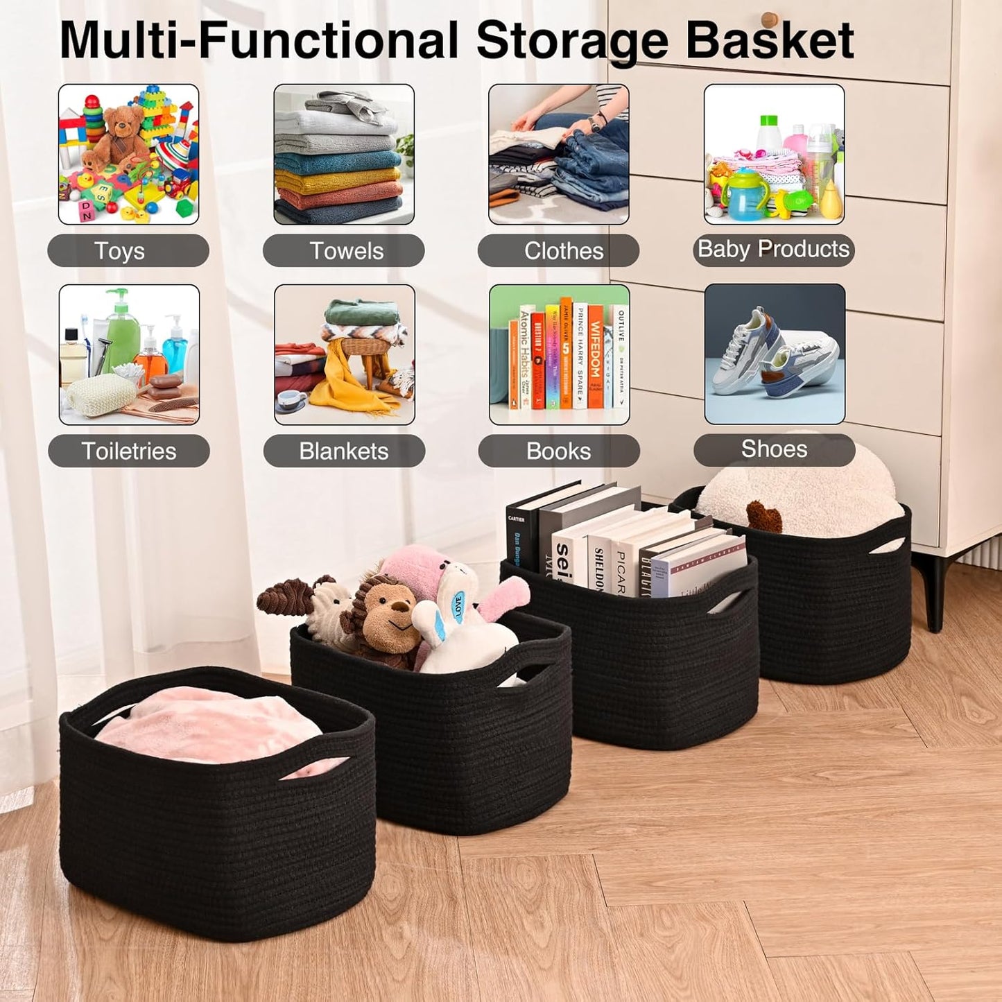 Black Storage Baskets for Shelves, Small Storage Baskets for Organizing, Woven Cotton Rope Baskets for Storage, Book Basket, Decorative Shelf Basket, 12.5"Lx9.1''Wx7.9''H (4 Packs) Black