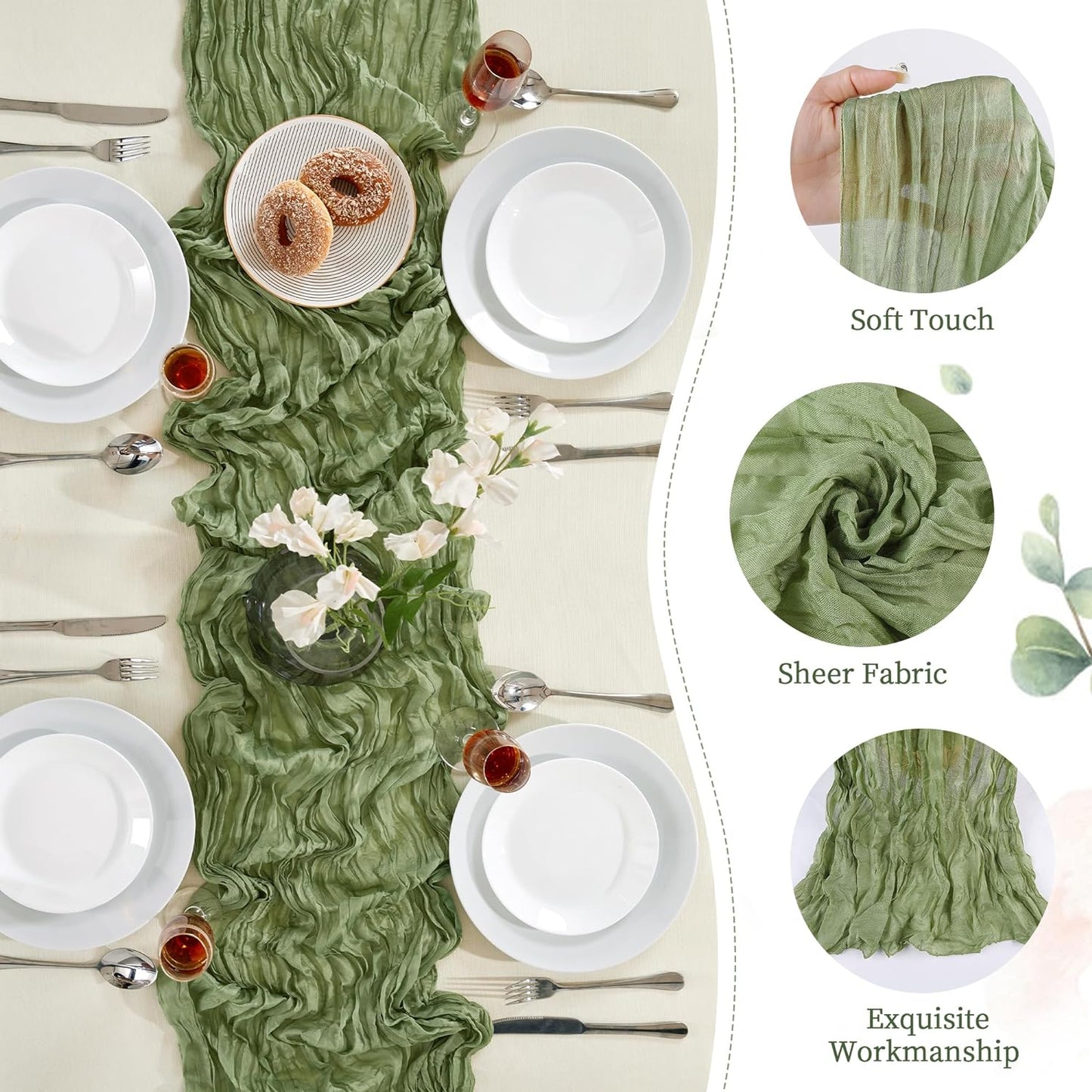 12 Pack Sage Green Cheesecloth Table Runner 10FT Long Boho Gauze Table Runner Rustic Sheer Runner for Wedding Bridal Baby Shower Birthday Party Table Decor Thanksgiving Christmas Decorations