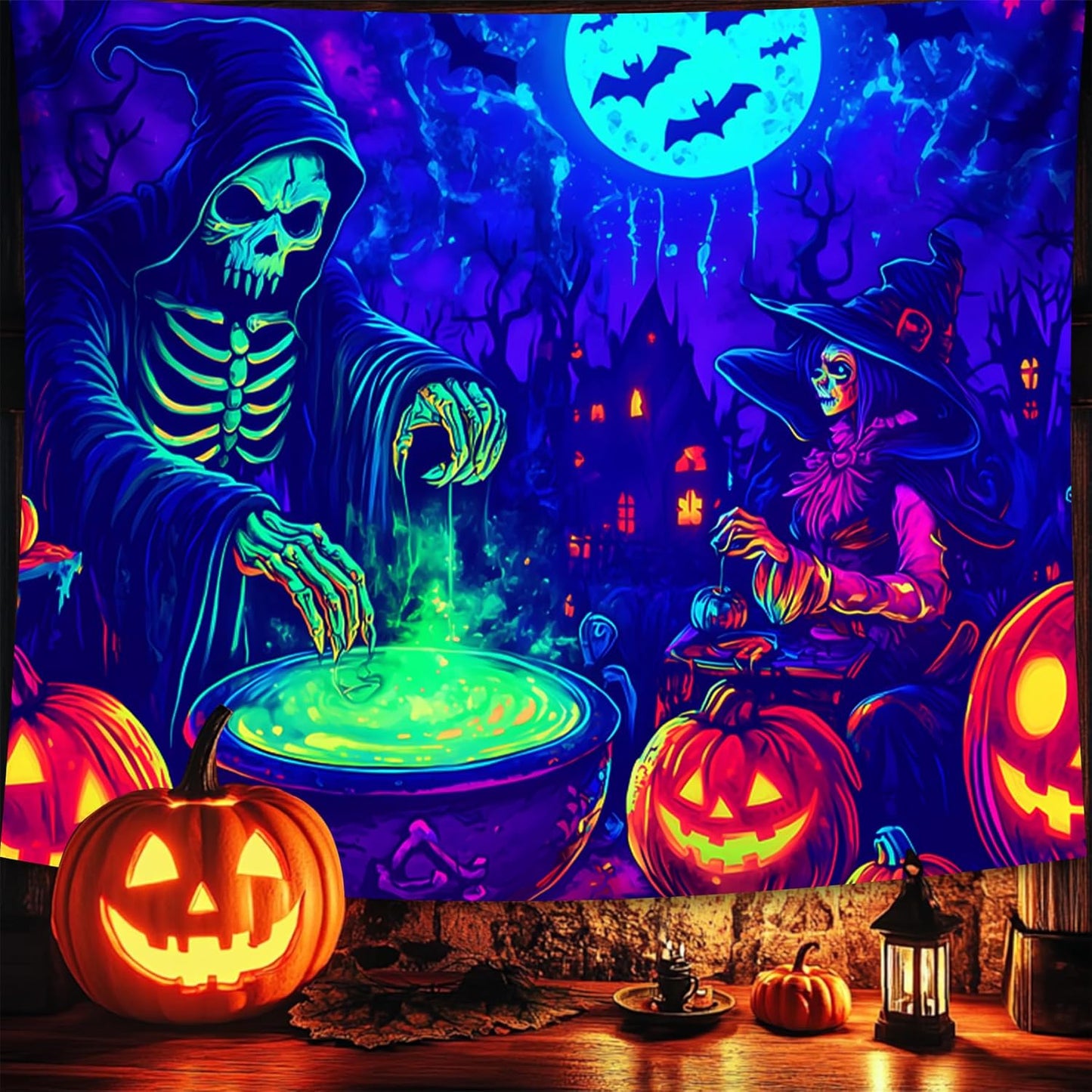 Halloween Tapestry, Blacklight Tapestry for Halloween Party Decor Hanging Tapestries Backdrop Wall Art Poster for Bedroom Dorm 90x70in