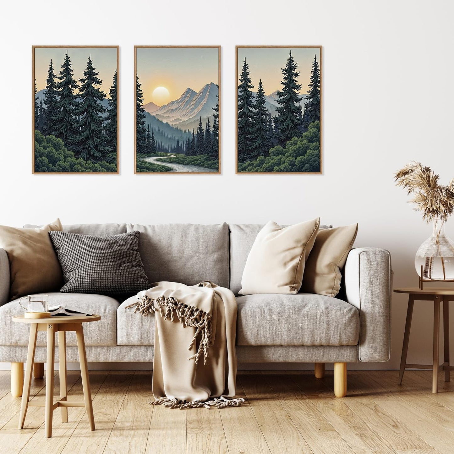 HLNIUC Mountain Forest Sun Framed Wall Art,Large Boho Pine Tree Canvas Wall Decor Set of 3(16”x24”)Ridge Mountain Landscape Picture Prints,Natural Sunset Woodland Wall Painting for Living Room,Bedroom