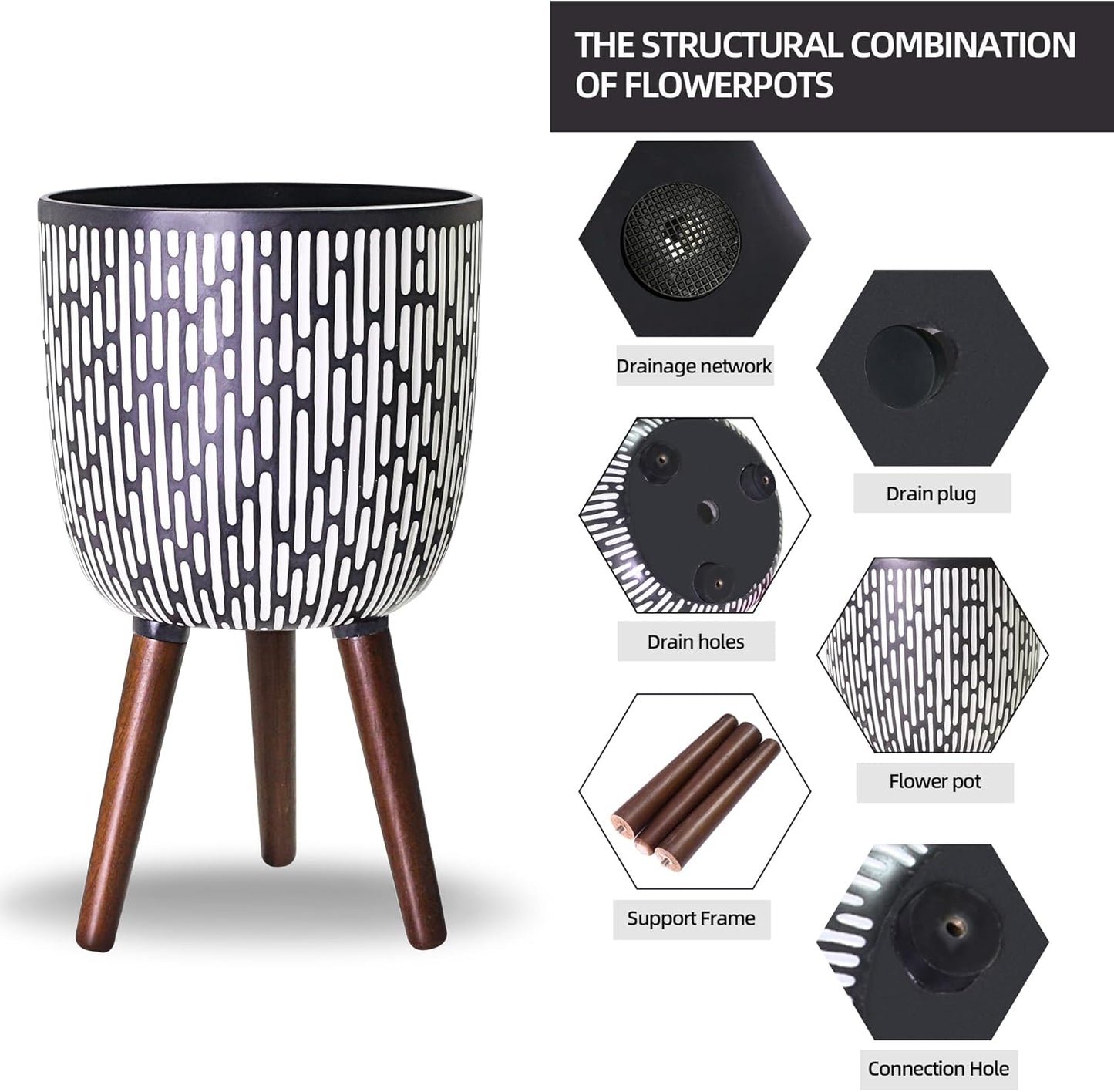 2 Set Plant Pot with Stand 10 & 12 inches, Mid-Century Large Planter with Legs for Indoor Plants, Boho Print Standing Plant Pot with Drainage Plug for Monstera, Herb, Succulent Flower Pot