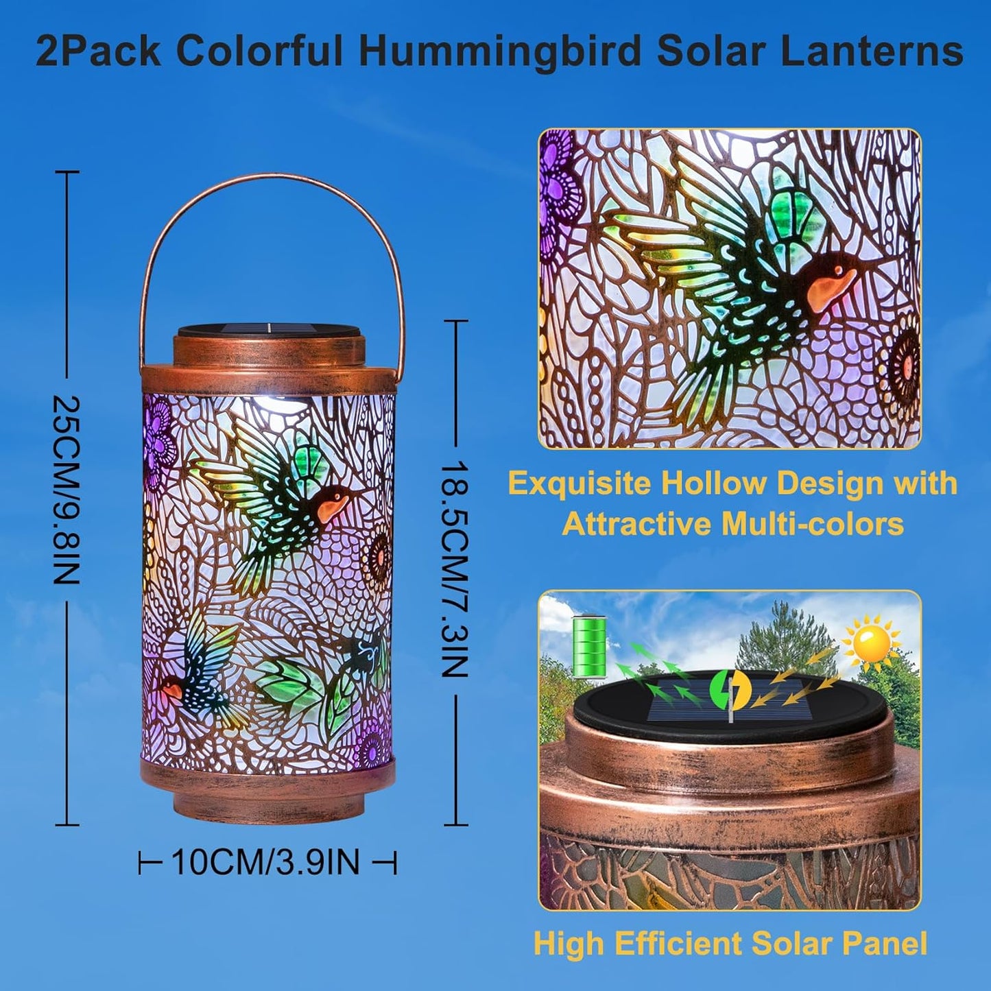 2Pack Solar Lanterns Outdoor Waterproof Hummingbird Colorful Garden Gifts for Mom, Multicolor Solar Lights Lantern for Backyard Garden, Pathway, Outside, Mothers' Day Gifts for Grandma Women