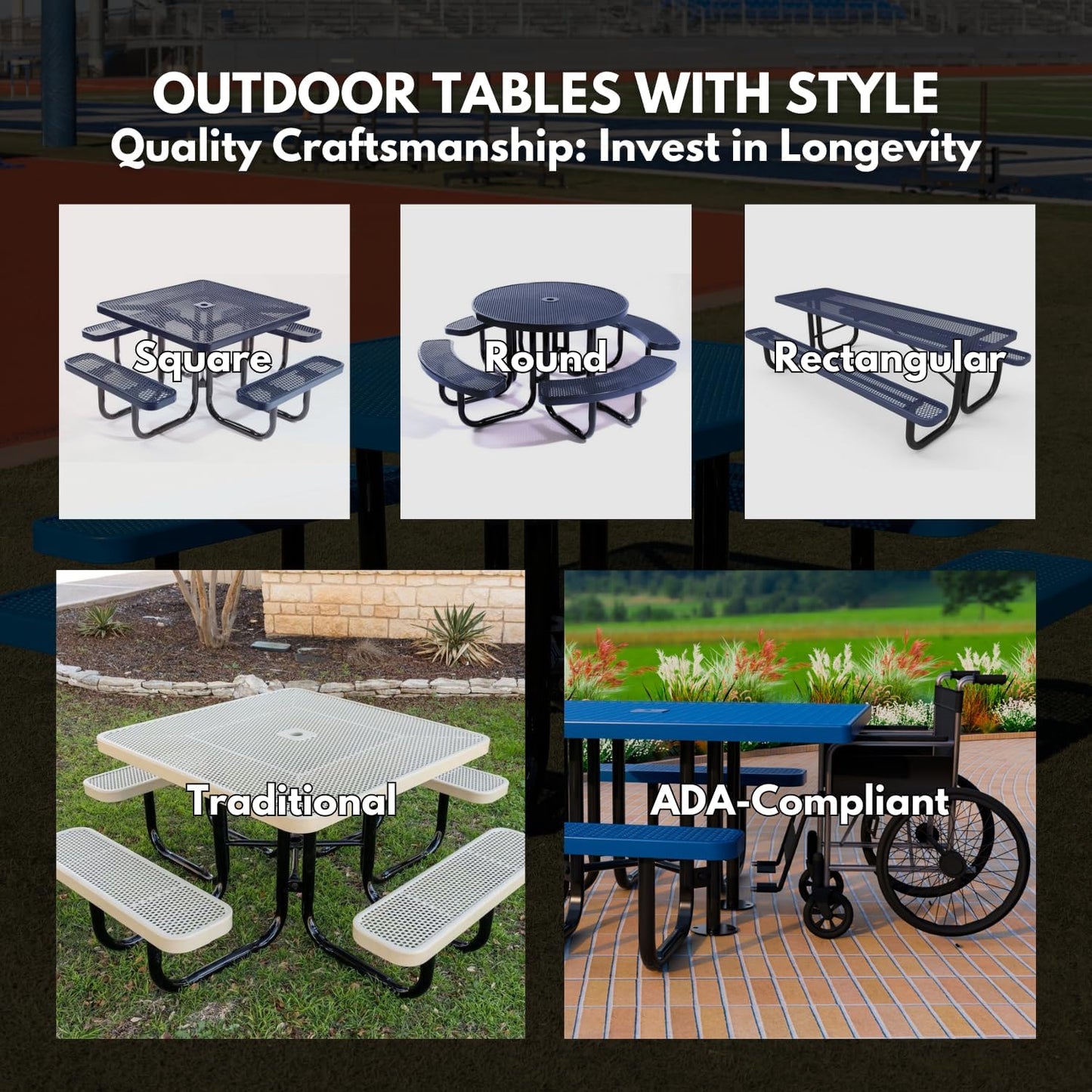 Heavy-Duty Portable Outdoor Picnic Table with Umbrella Hole, Punched Steel Patio Dining Furniture Made in America (46" Round Top, Grey)