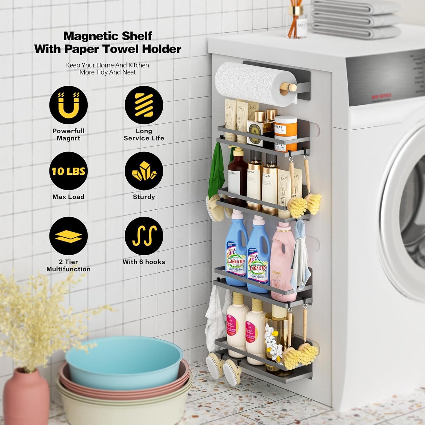 Magnetic Spice Rack for Refrigerator Moveable Magnetic Shelf Organizer Kitchen Seasoning Jars Storage Rack Fridge Magnet Organizer,Grey,4 Packs