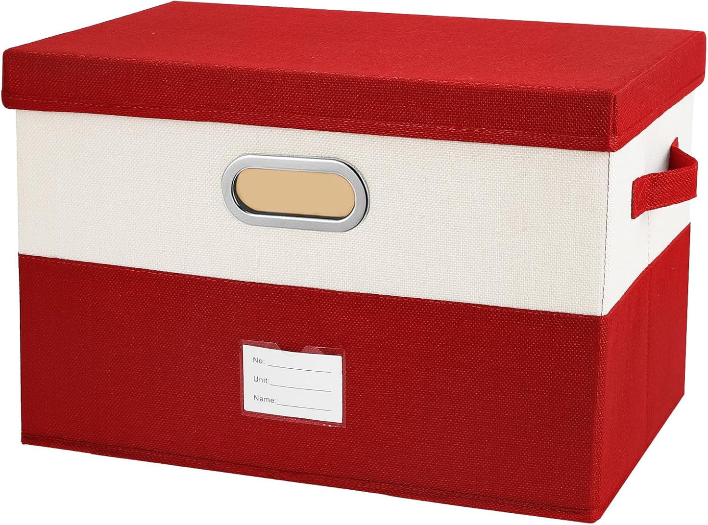 Large Linen Fabric Foldable Storage Bins with Removable Lid and Handles, Washable Storage Box Organizer Containers Baskets Cube with Cover for Bedroom,Office(Red&Cream, Large)