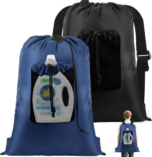 2-Pack Backpack Laundry Bags, Heavy Duty Laundry Bag Backpacks with Adjustable Shoulder Straps, Door Hanging Washing Bag, Laundry Hamper Lining for College Dorm, Travel, Laundromat