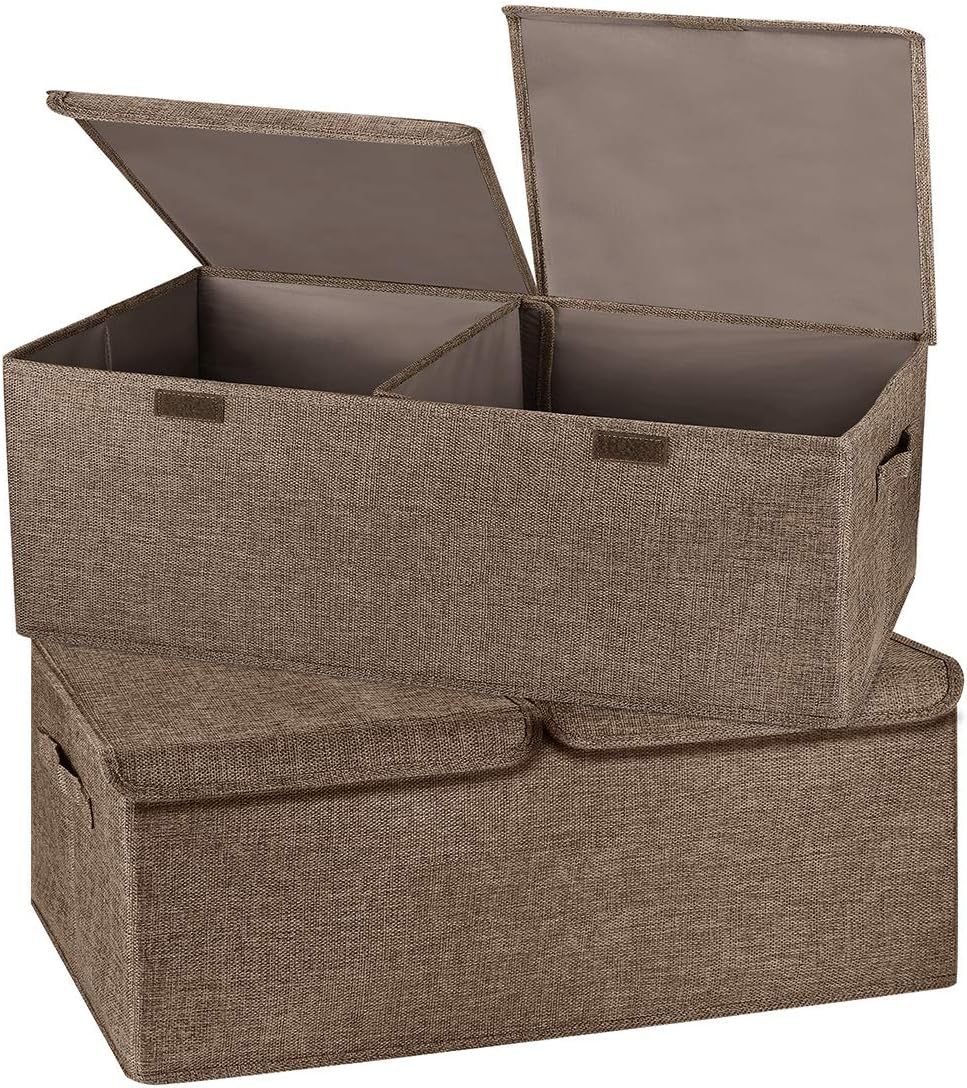2 Pack Storage Boxes with Lids and Handles, Collapsible Linen Storage Bins Organizer Containers Baskets Cube with Removable Divider for Home Bedroom Closet Office (Coffee, Small)