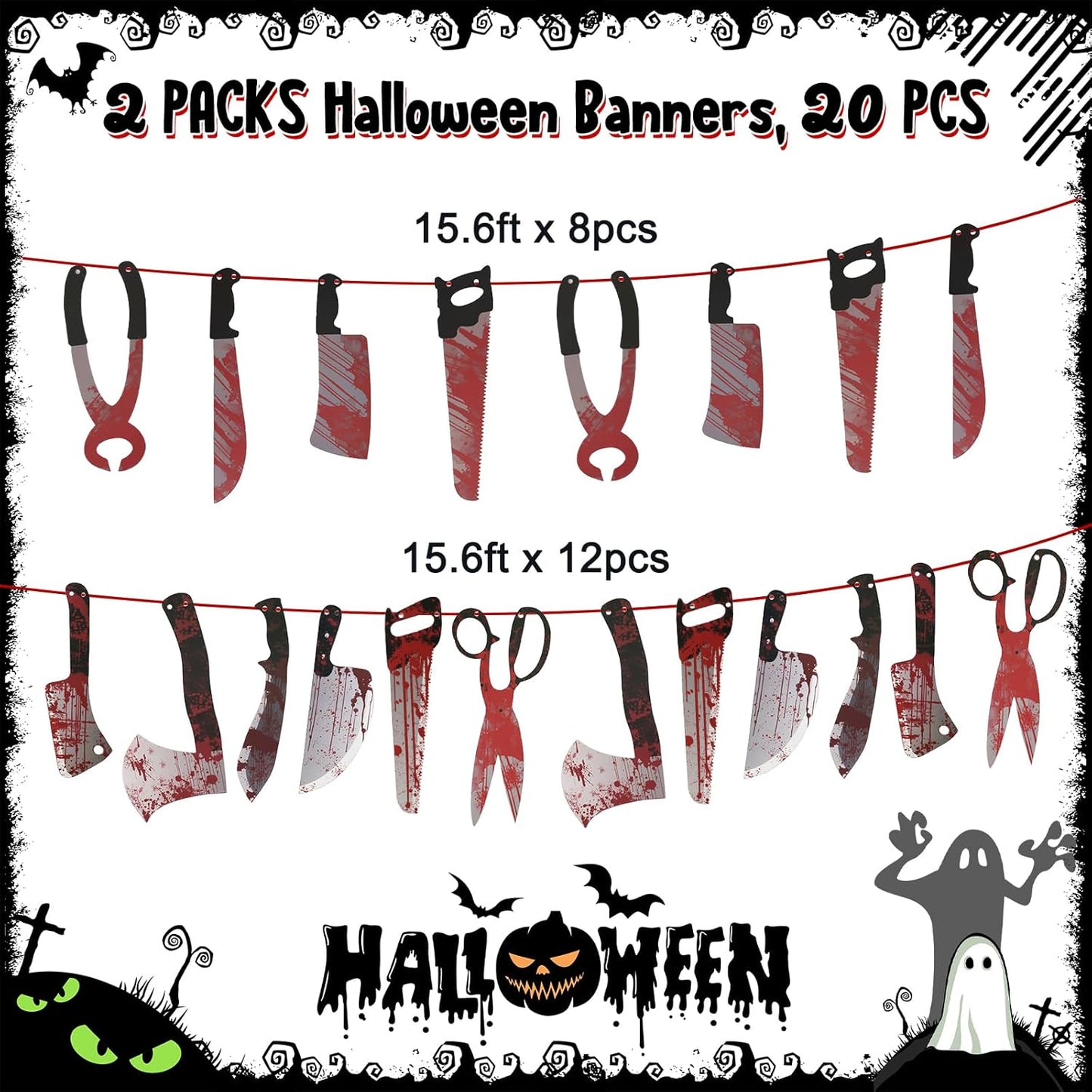 Halloween Decorations, 5 Sheets Wall Decals-Bloody Handprint Stickers, 2 Pack Halloween Banners and 2 PCS Caution Tape Rolls 3inx30ft for Party Decor, Outdoor, Indoor, Haunted Mansion