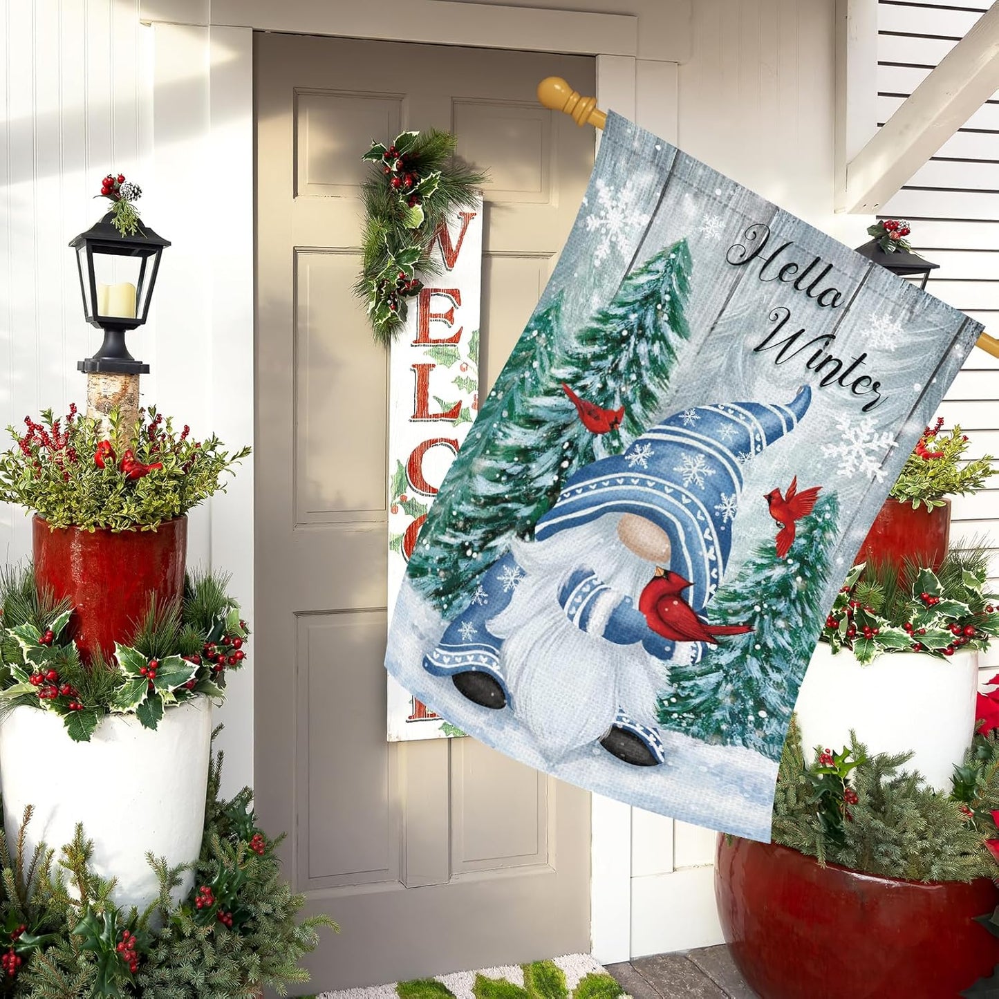 Heyfibro Hello Winter Gnome Garden Flag 28x40 Double Sided Burlap Cardinals Snowflakes Snow Yard Banner for Christmas Seasonal Outside Outdoor House Decoration (ONLY FLAG)